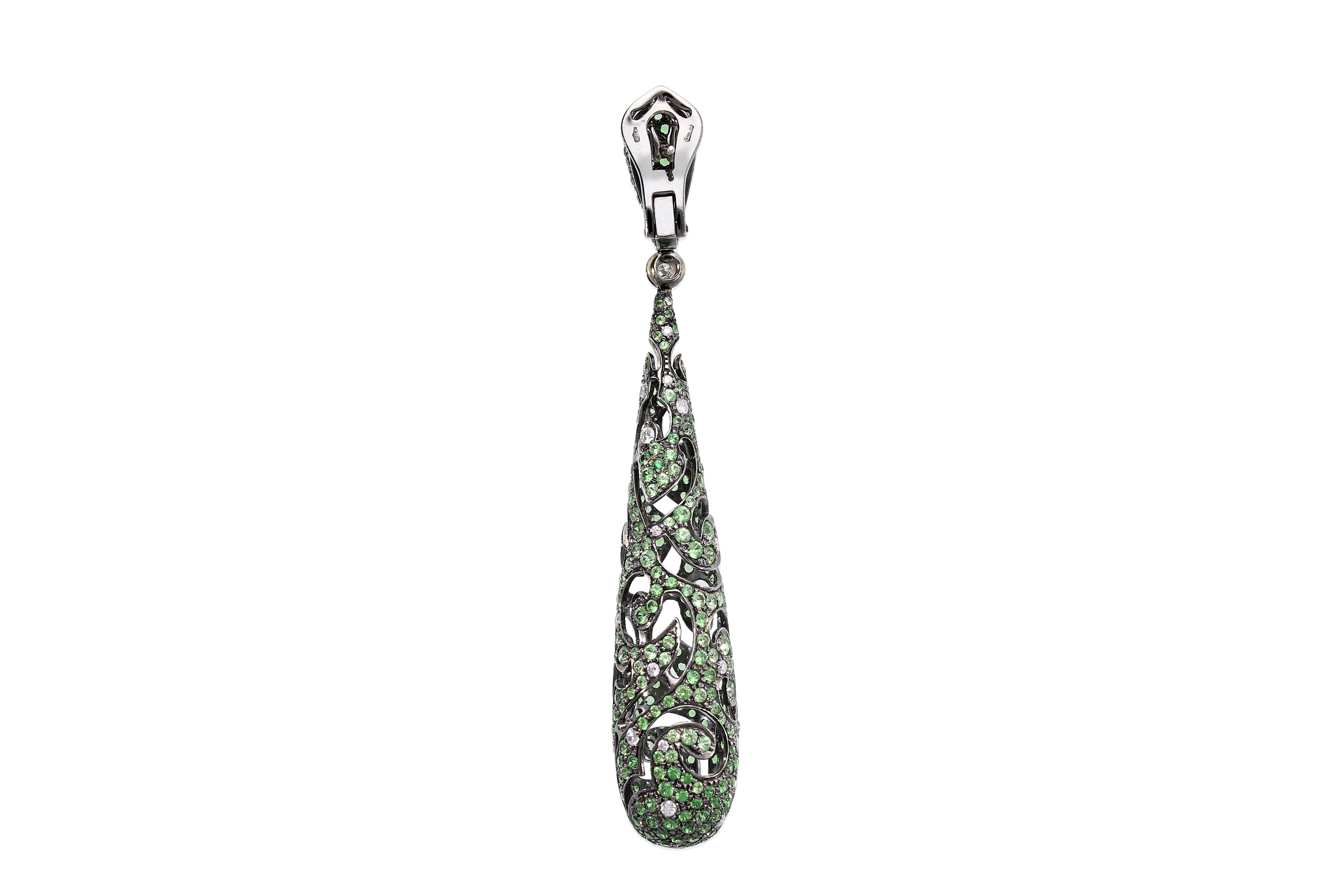 Openwork Drop Earrings with Diamonds and Emeralds 18 Kt Burnished White Gold For Sale 8