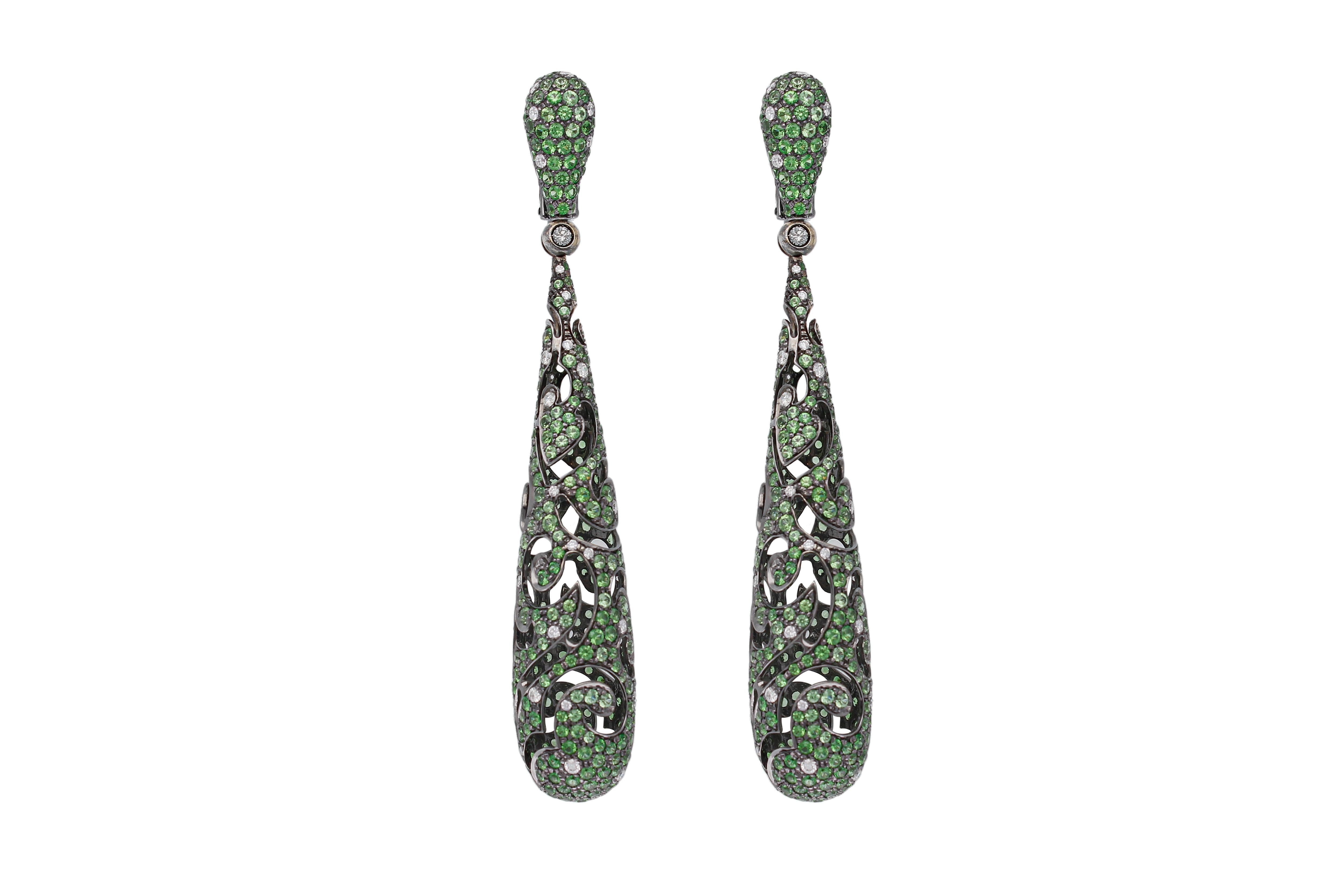 Openwork Drop Earrings with Diamonds and Emeralds 18 Kt Burnished White Gold For Sale 2
