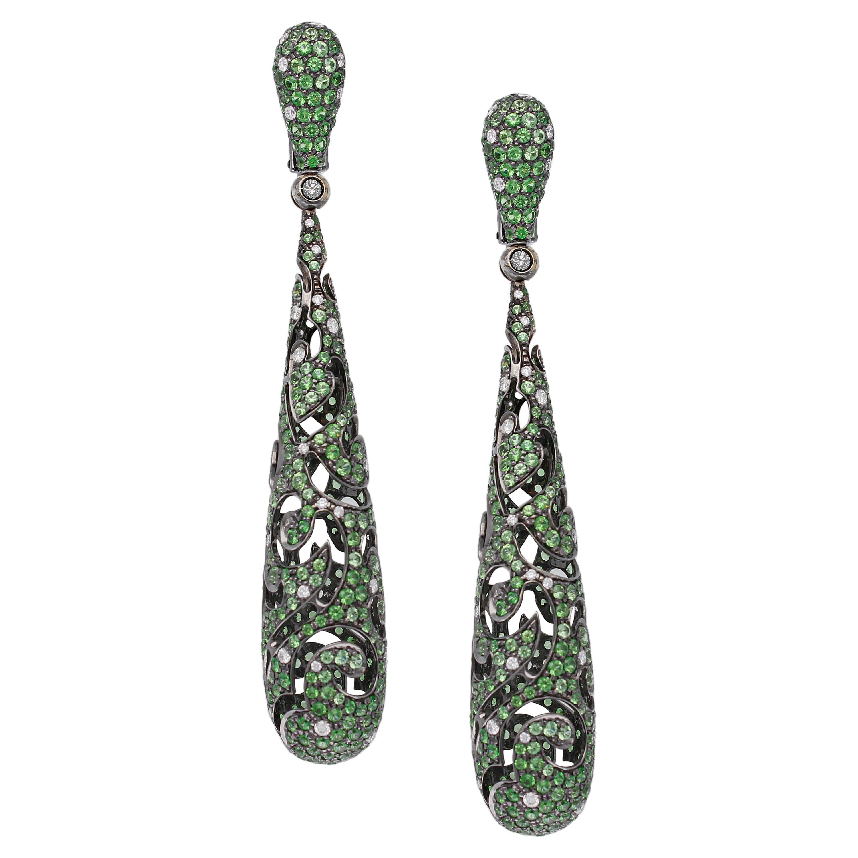 Openwork Drop Earrings with Diamonds and Emeralds 18 Kt Burnished White Gold For Sale