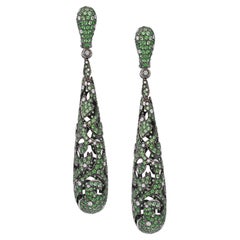 Openwork Drop Earrings with Diamonds and Emeralds 18 Kt Burnished White Gold