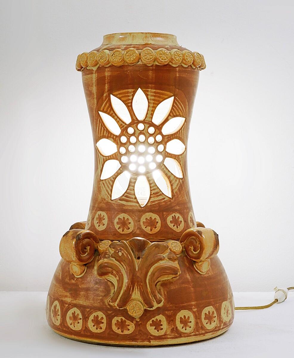 French Openwork Flower Vallauris Ceramic Table Lamp For Sale