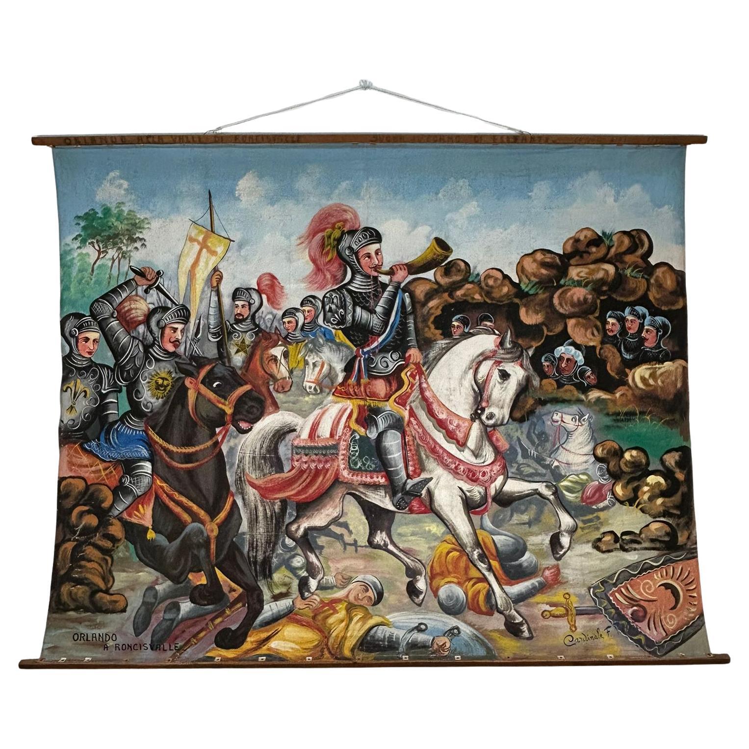 Opera dei Pupi Theaterkulisse auf Leinwand gemalt von F. Paolo Cardinale, 1940er Jahre im Angebot