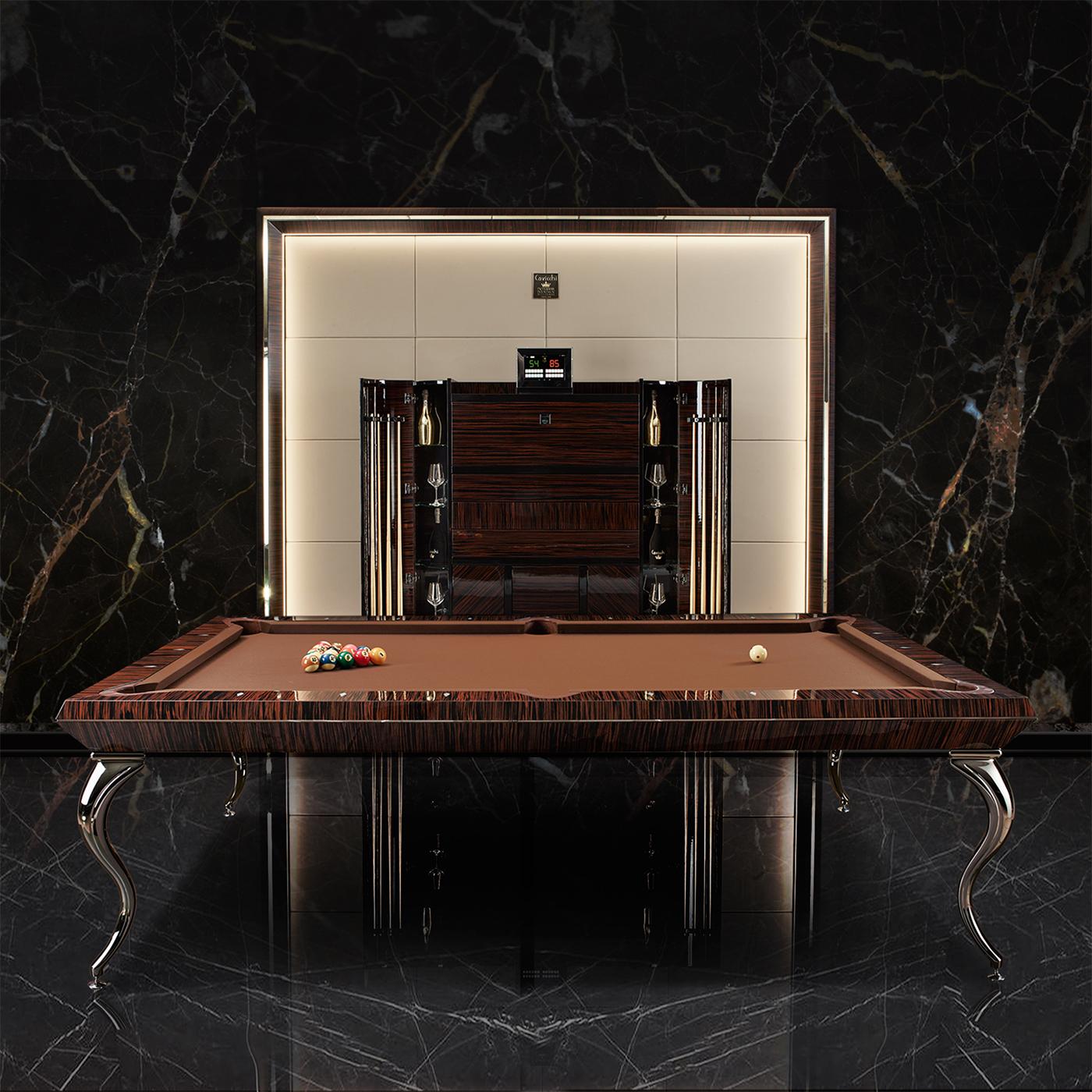 Ideal for contemporary and prestigious environments, the 8ft opera billiard table is emblematic of Cavicchi’s international design. The unique diamond cut top is supported by 4 full-bodied polished metal bases with a point of Sabre design. The
