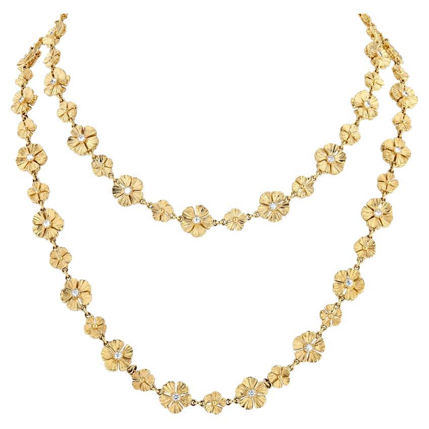 Opera Length 18k Yellow Gold Flower Necklace