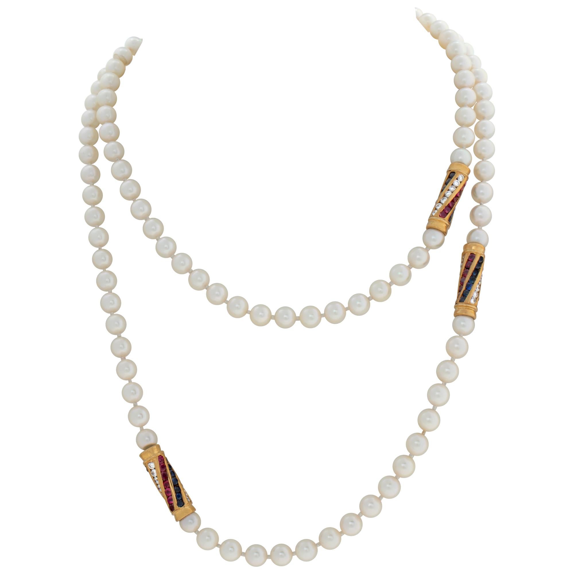 Opera Length Akoya 18k Yellow Gold Pearl Necklace For Sale