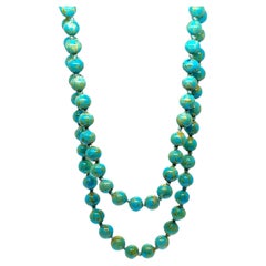 Opera Length Beautiful Round Turquoise Polished Beads All Knotted 36 Inches