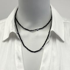 Opera Length Black Spinel Necklace with Grey Freshwater Pearls & Gold Clasp