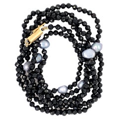 Opera Length Black Spinel Necklace with Grey Freshwater Pearls & Gold Clasp