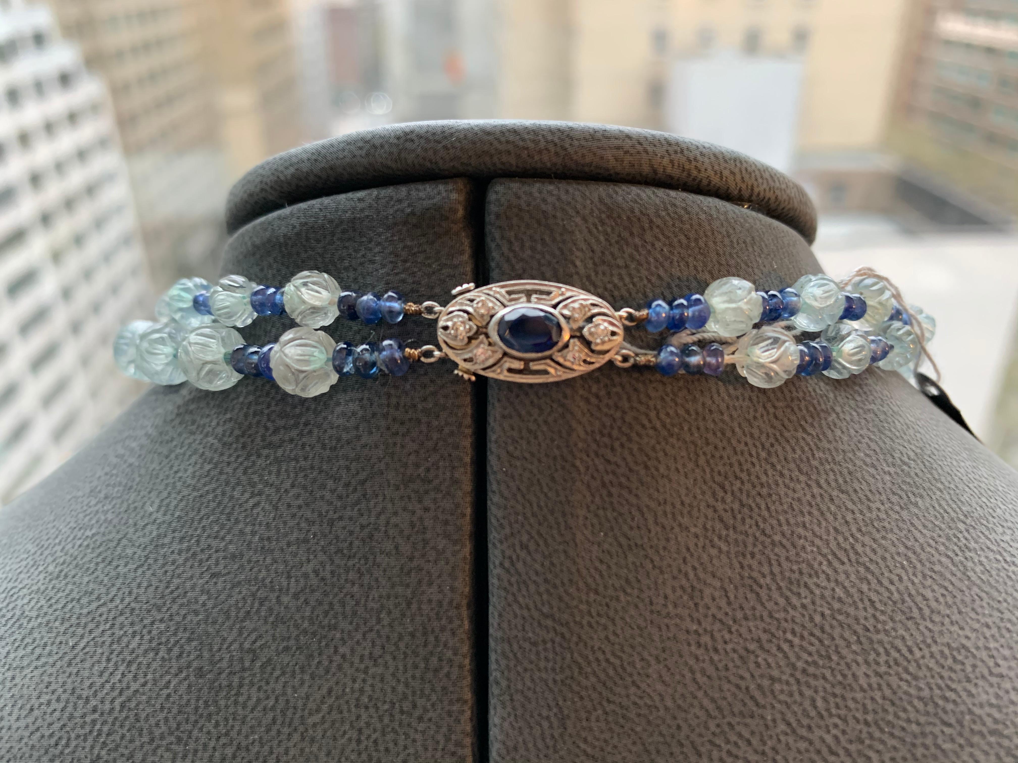 Round Cut Opera Length Carved Aquamarine and Sapphire Bead Necklace For Sale