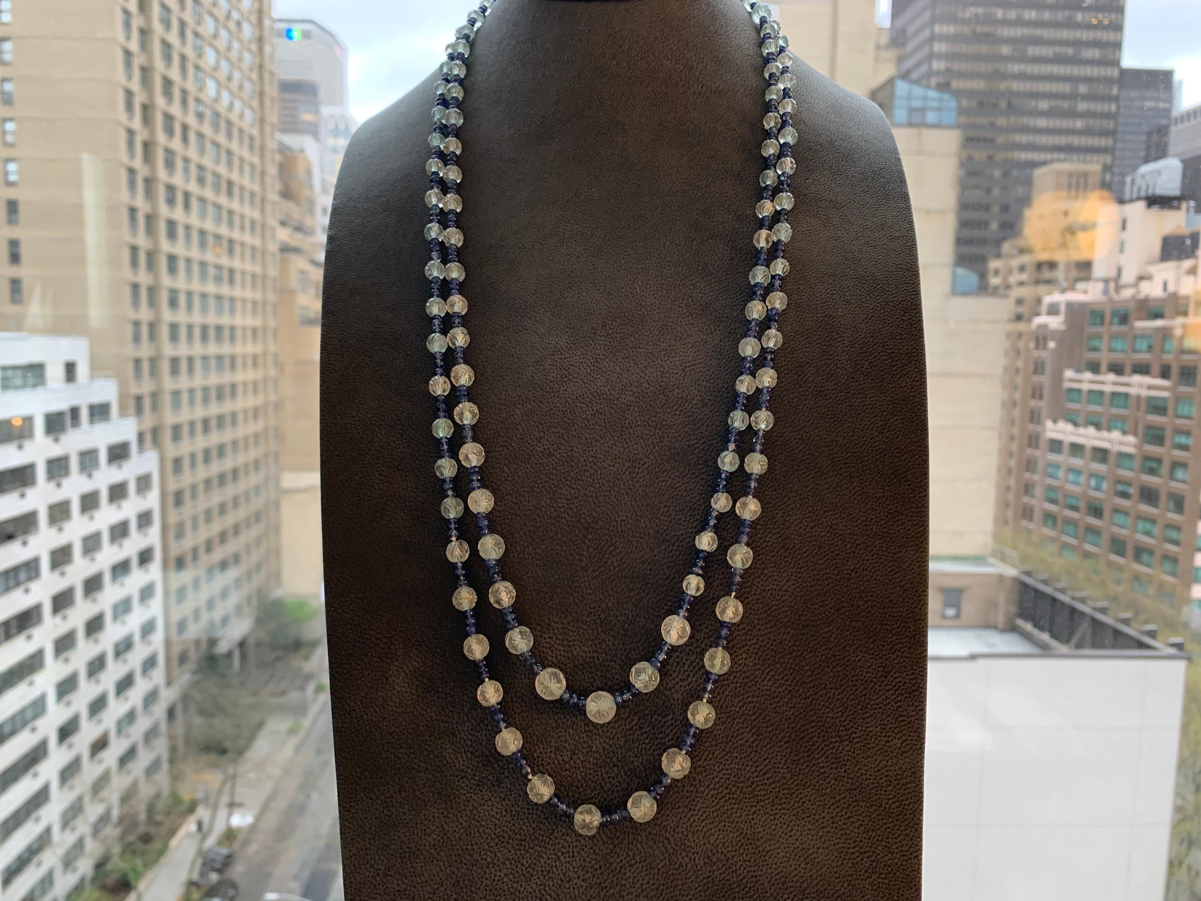 Opera Length Carved Aquamarine and Sapphire Bead Necklace In Excellent Condition For Sale In New York, NY