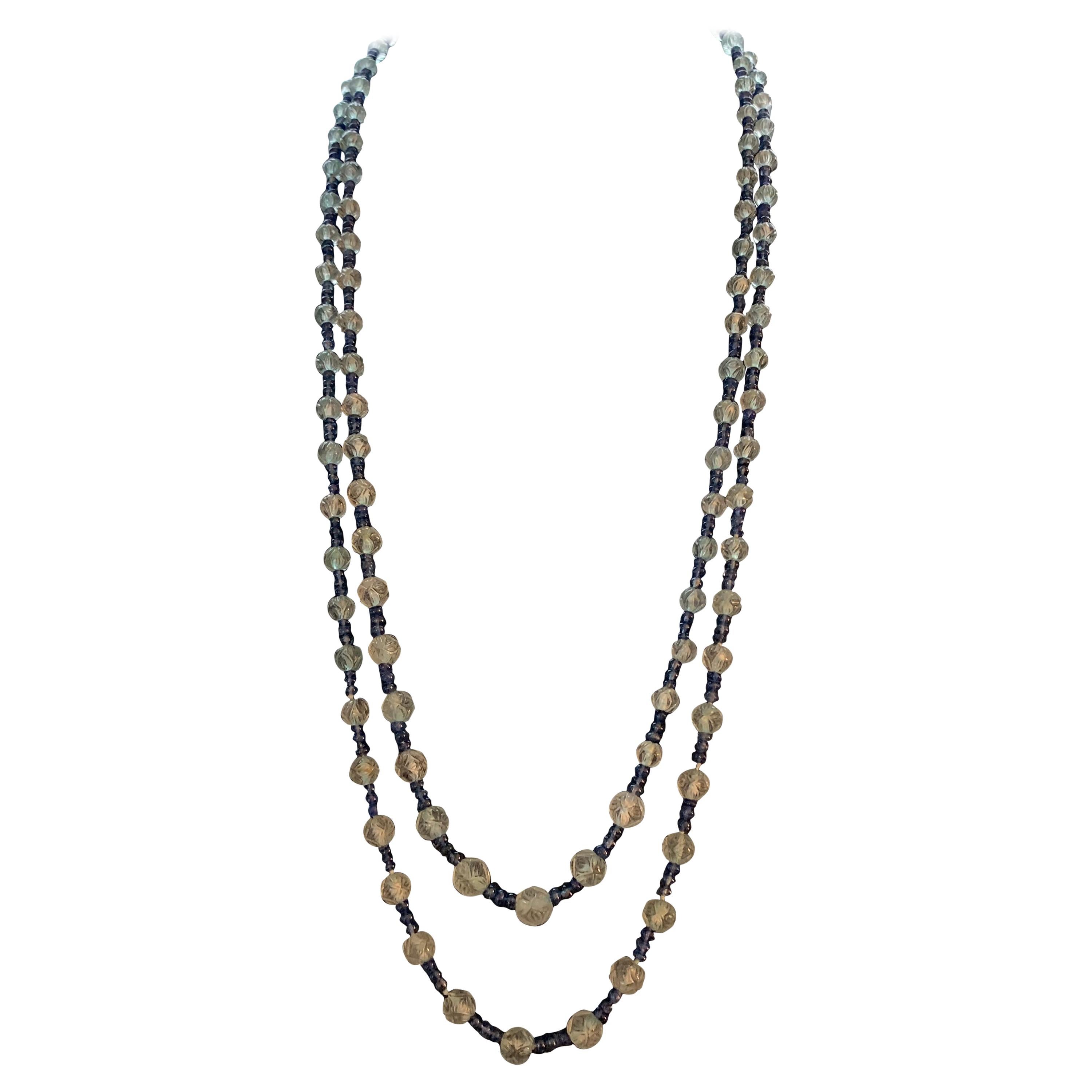 Opera Length Carved Aquamarine and Sapphire Bead Necklace For Sale