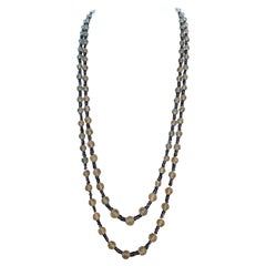 Retro Opera Length Carved Aquamarine and Sapphire Bead Necklace