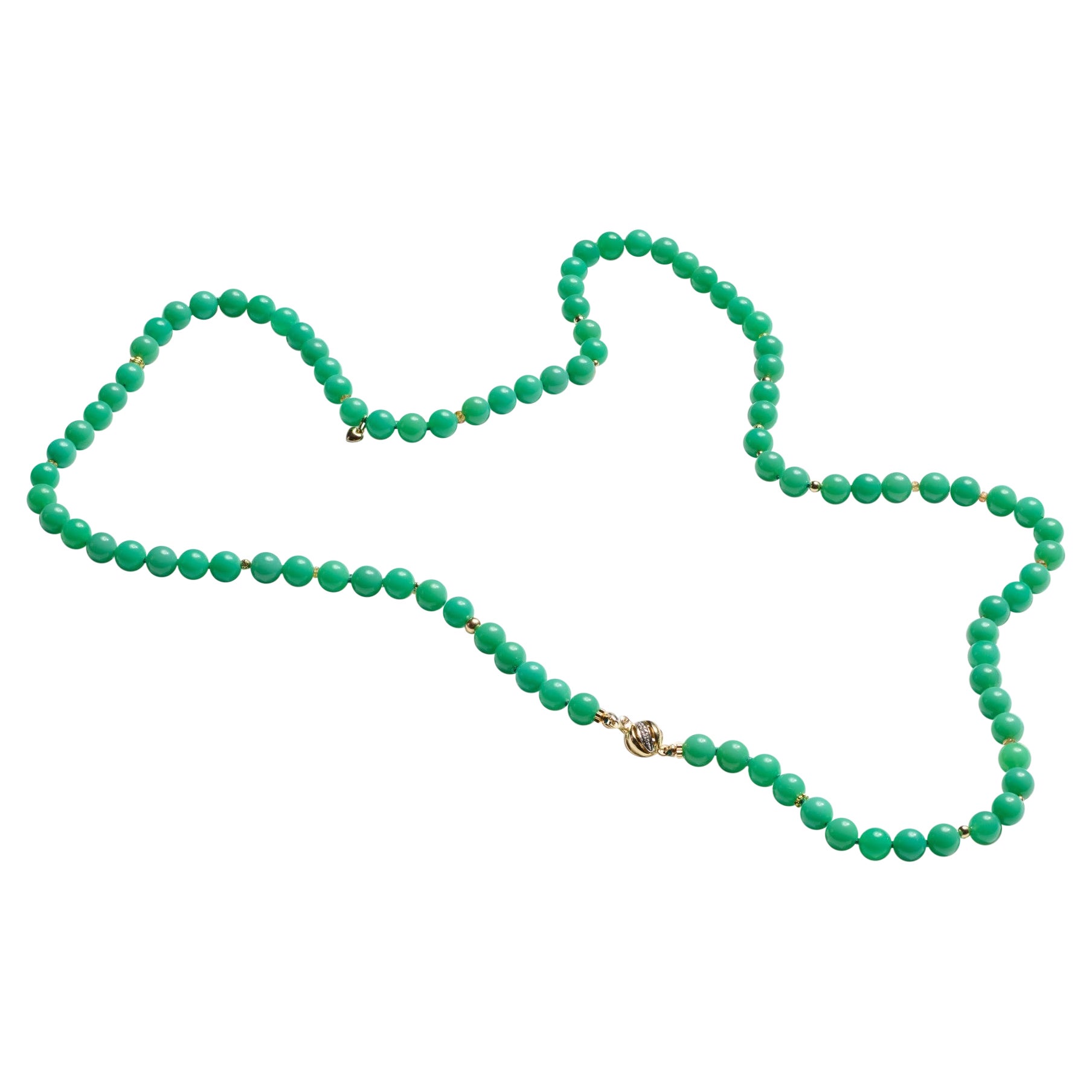 Opera Length Diamond with Chrysoprase Sapphire Gold Necklace For Sale
