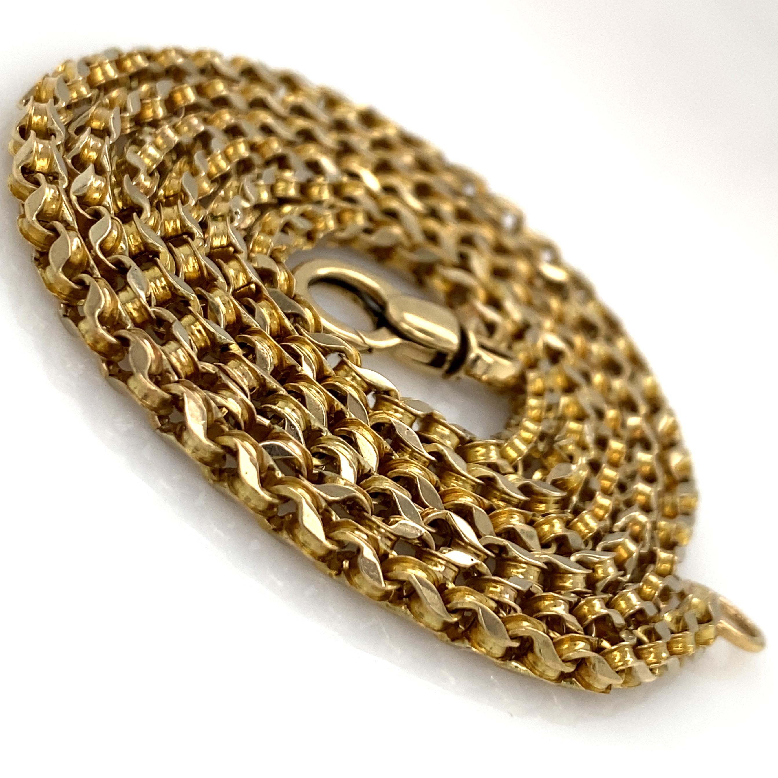 The gorgeous and versatile solid 10k gold chain with its boxy figure 8 links feels great against the skin and looks great alone or as part of your latest well-curated neck mess.

When we acquired it, the chain had a crappy spring ring closure that