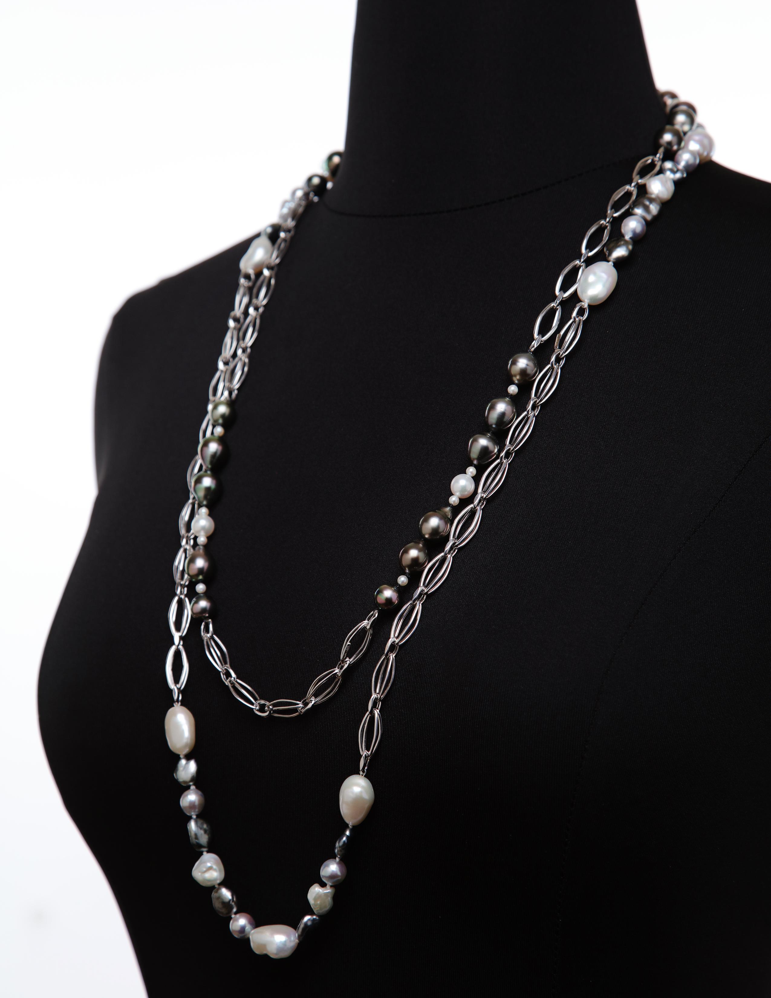 Bead Akoya, Keshi, and South Sea Pearls on a White Gold Chain For Sale