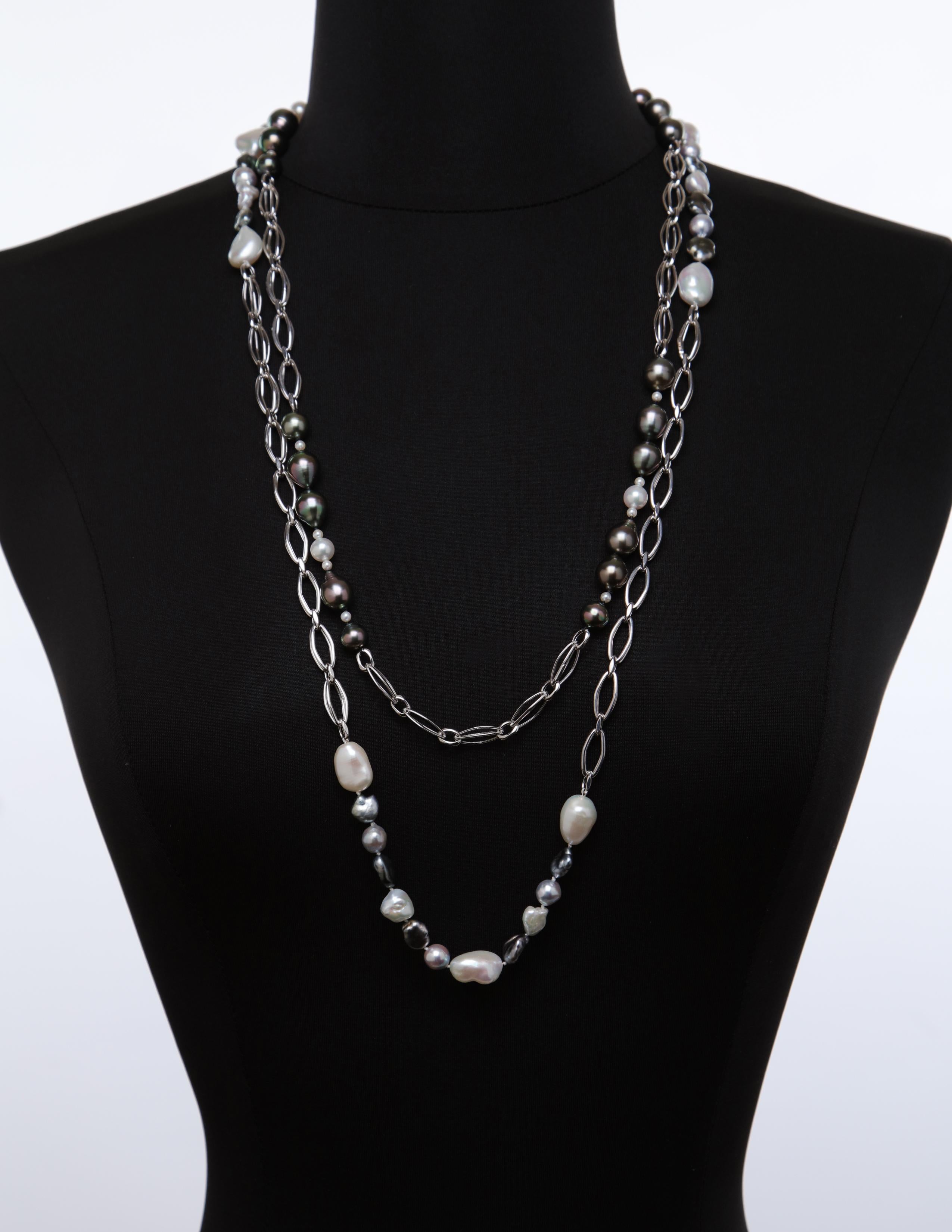 Akoya, Keshi, and South Sea Pearls on a White Gold Chain In New Condition For Sale In Athens, GA