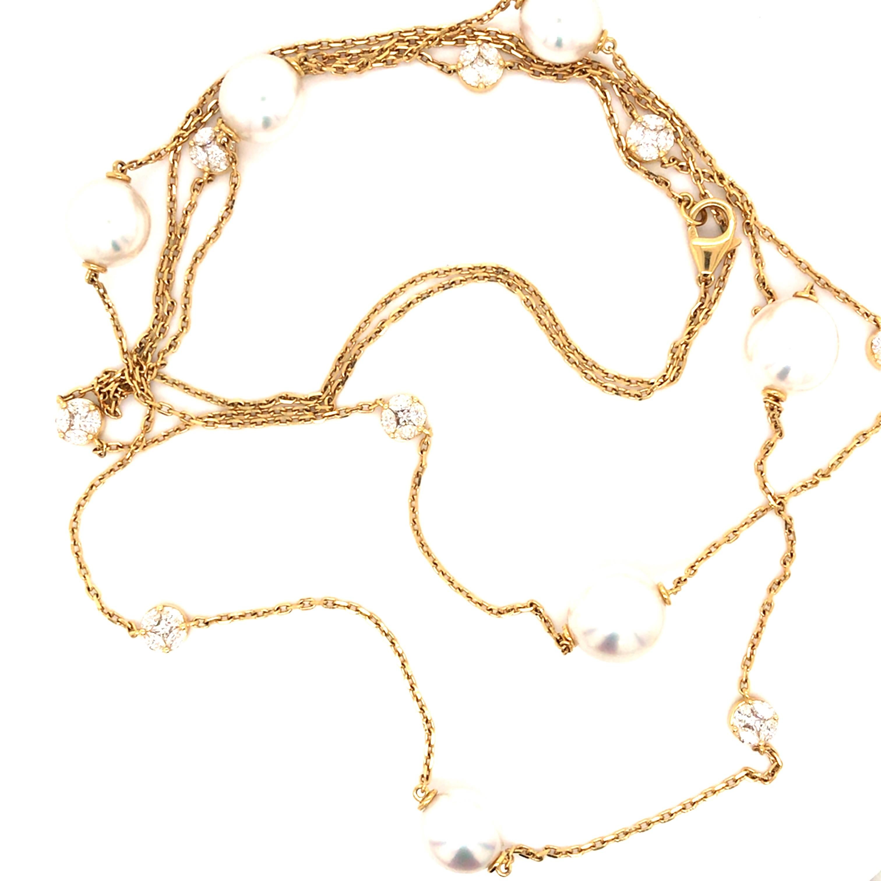 Oper Länge Perle und Diamant Gold Kette Halskette (Moderne) im Angebot