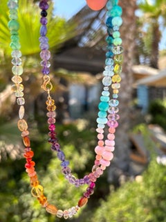 Opera Length Rainbow Sapphire, Turquoise and Opal Yellow Gold Necklace