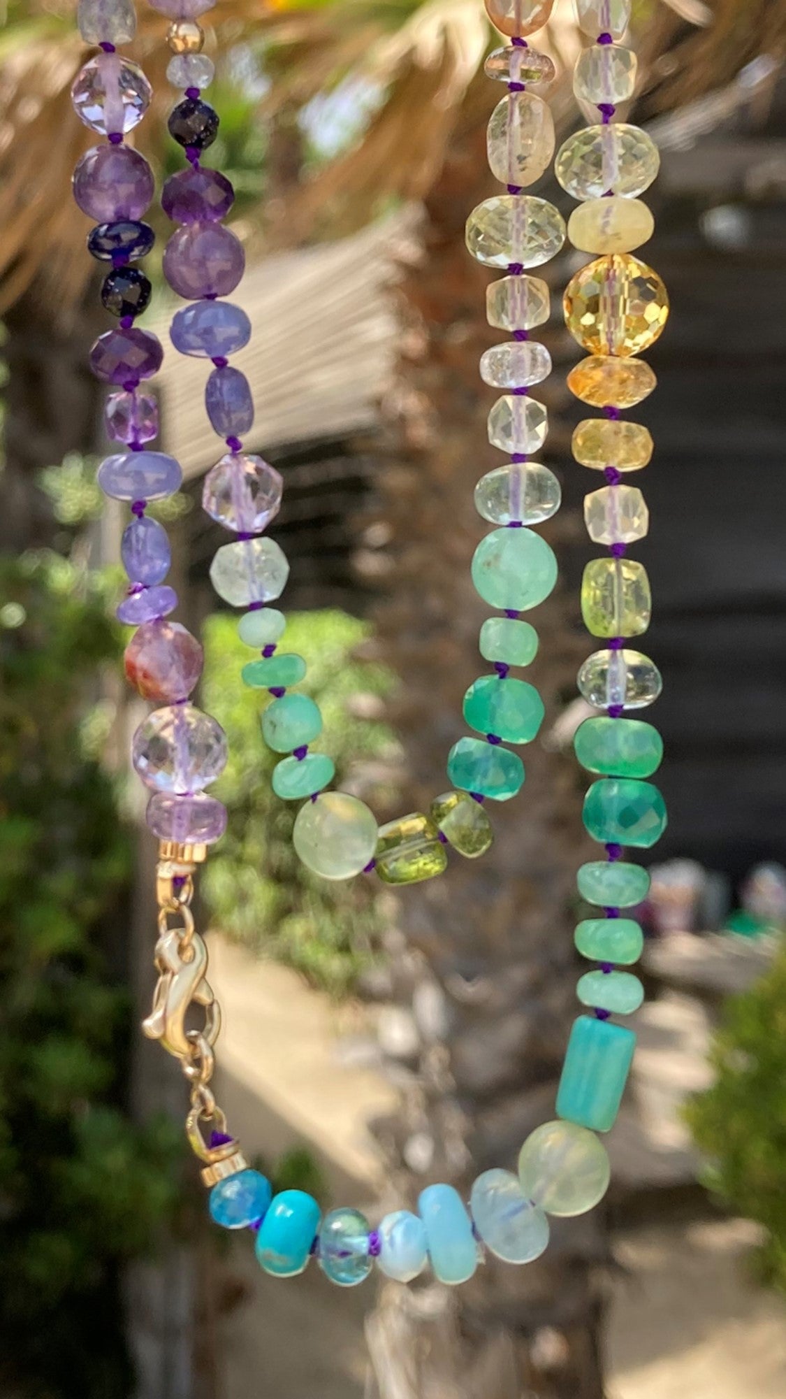Bead Opera Length Rainbow Sapphire, Turquoise and Opal Yellow Gold Necklace For Sale
