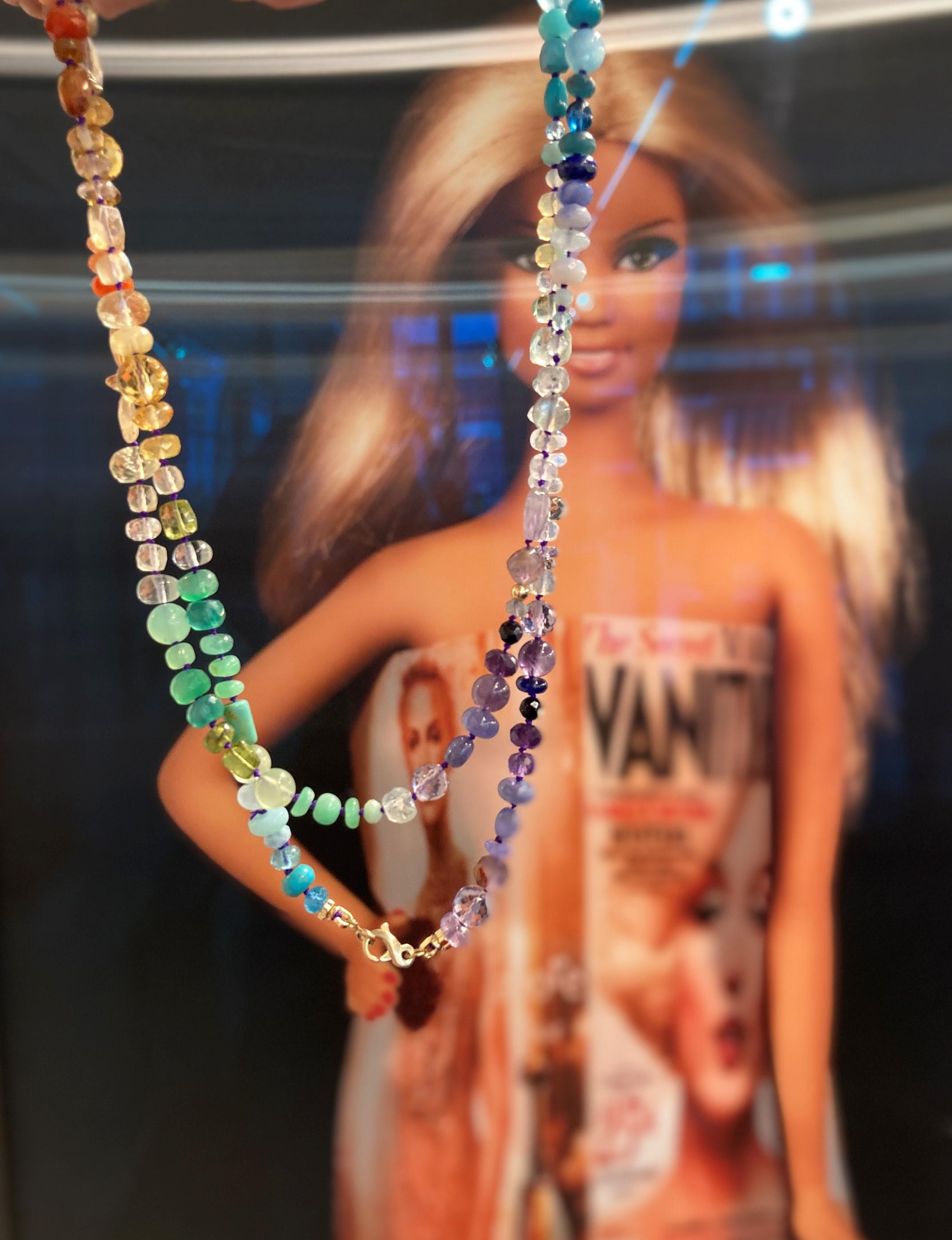 Women's Opera Length Rainbow Sapphire, Turquoise and Opal Yellow Gold Necklace For Sale