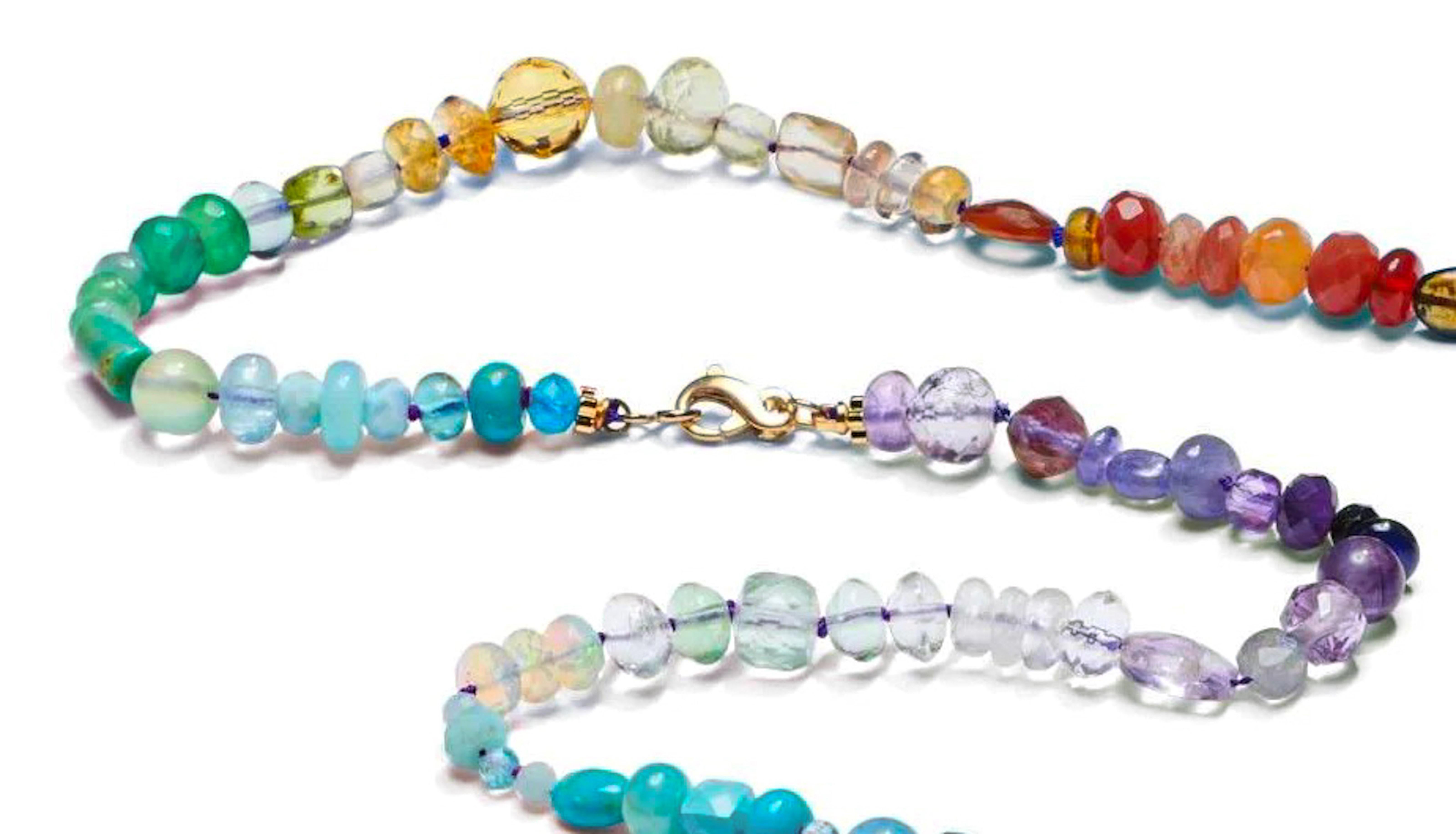 Opera Length Rainbow Sapphire, Turquoise and Opal Yellow Gold Necklace For Sale 1