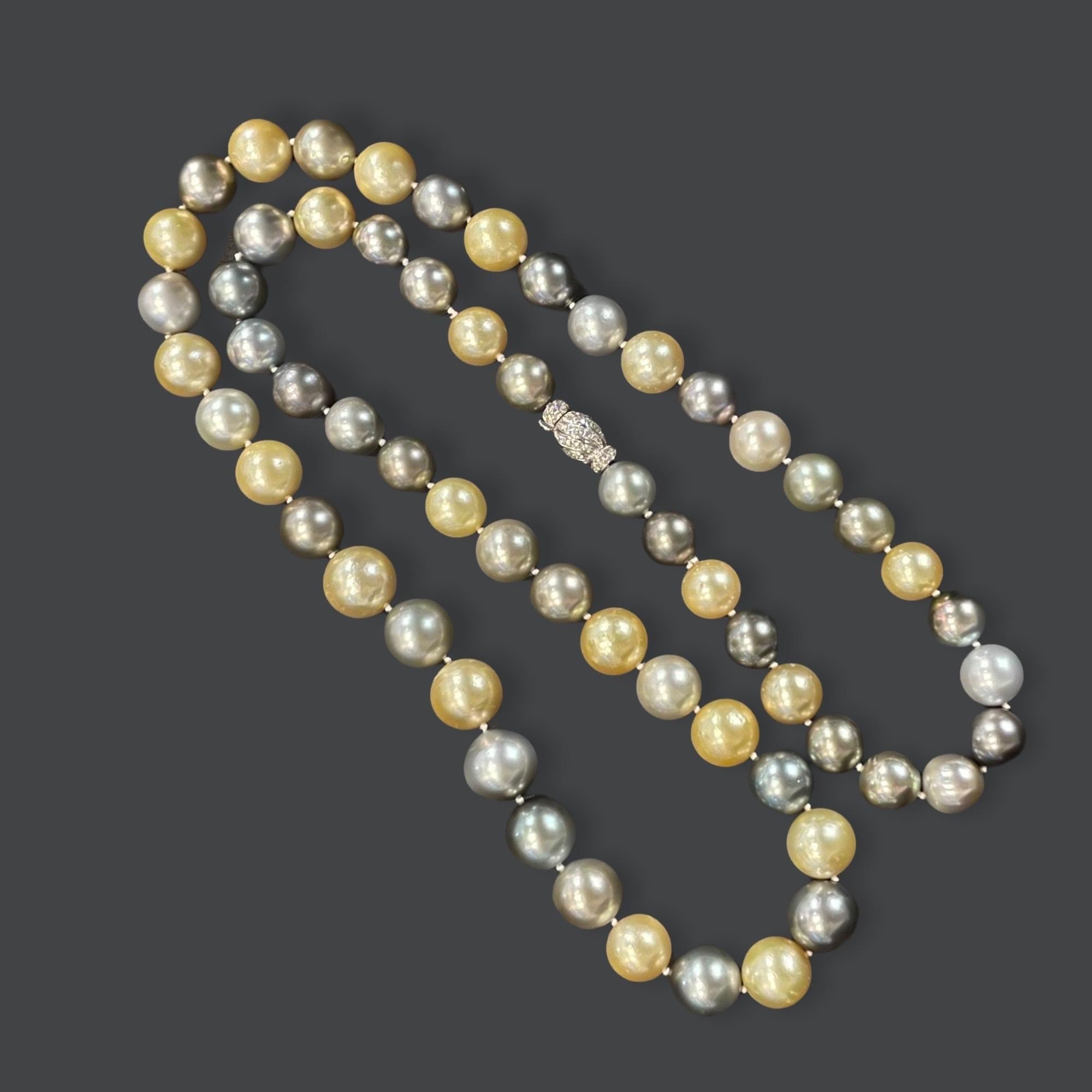 Exquisite mulit- colored (golden, grey, black ) south sea pearl necklace that can be worn long or double covered, The 60 pearls have beautiful luster and what makes them so stunning are their substantial size of 13mm x 16mm.  The whole necklace is