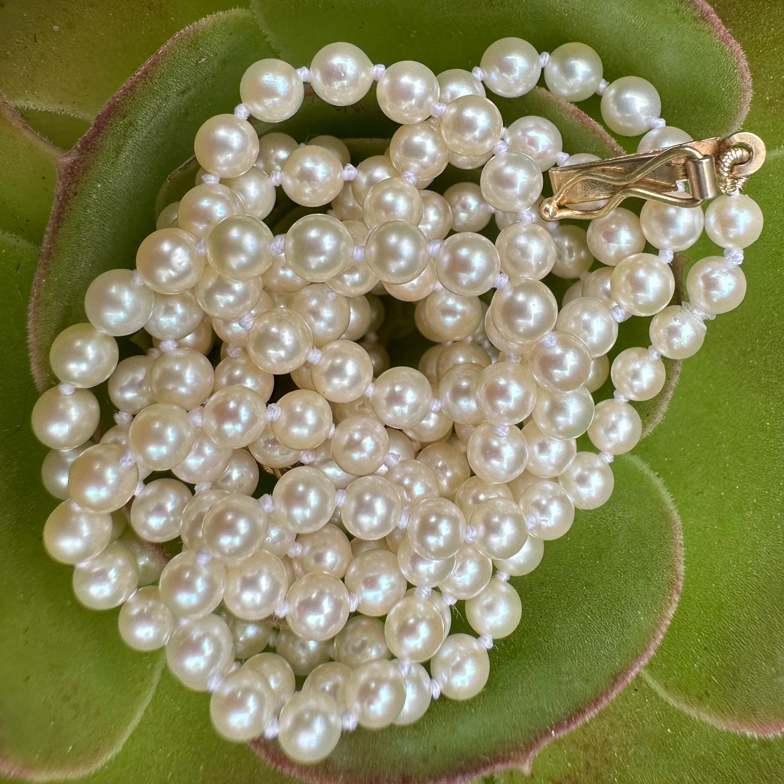 Opera Length Strand of Japanese Akoya Cultured Pearls with 14k Gold Clasp In New Condition In Sherman Oaks, CA