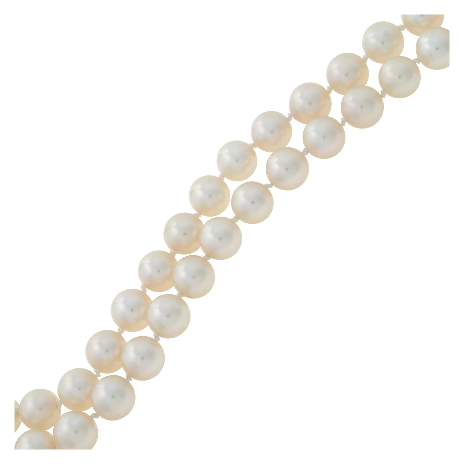 Round Cut Opera Length Strand Of Akoya Pearl Necklace With A Yellow Gold Clasp For Sale