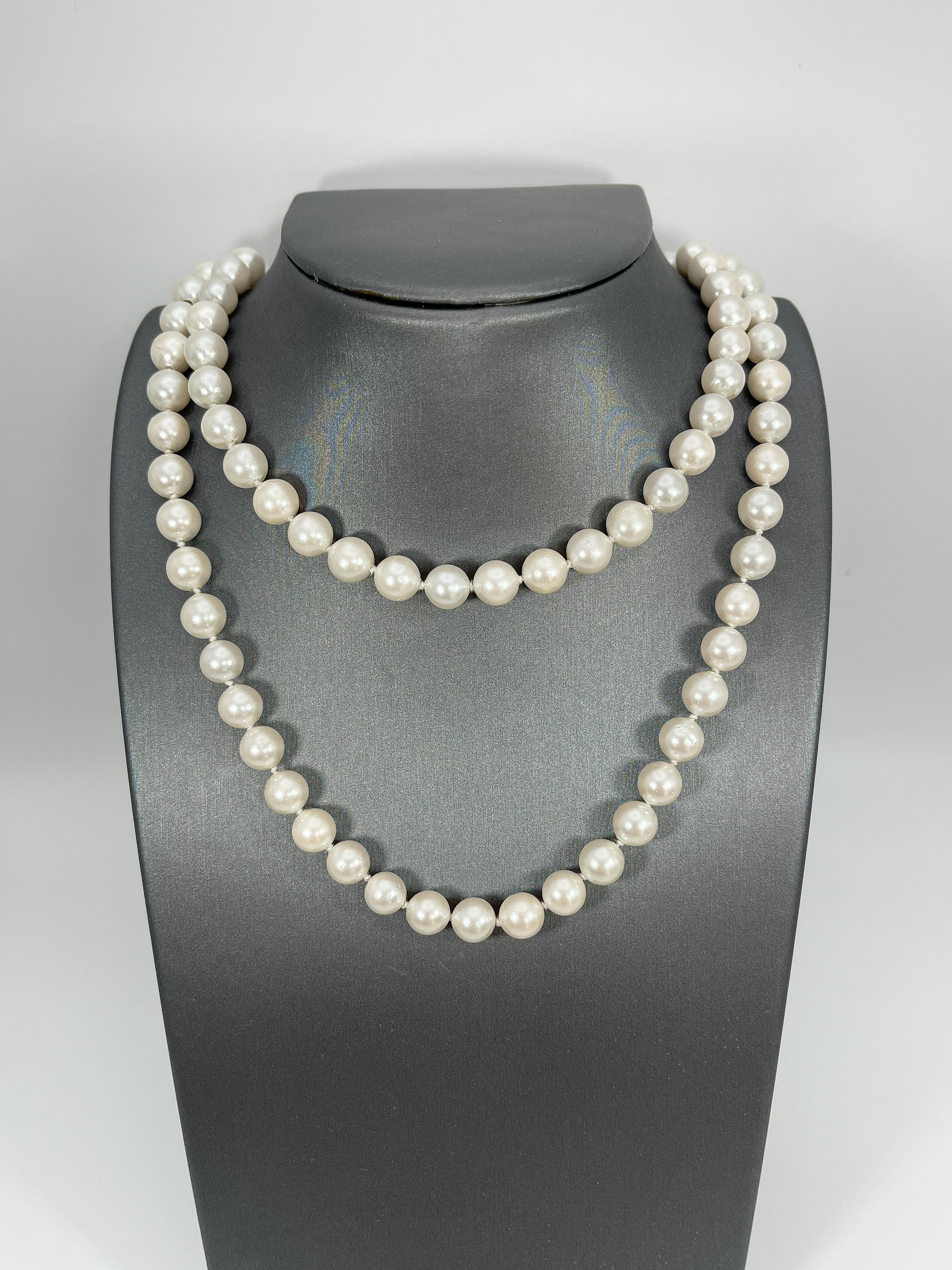 Opera length white akoya pearl necklace. The length of this necklace is 30 inches, the width is 8-8.5 mm, and it has a total weight of 70.6 grams.
