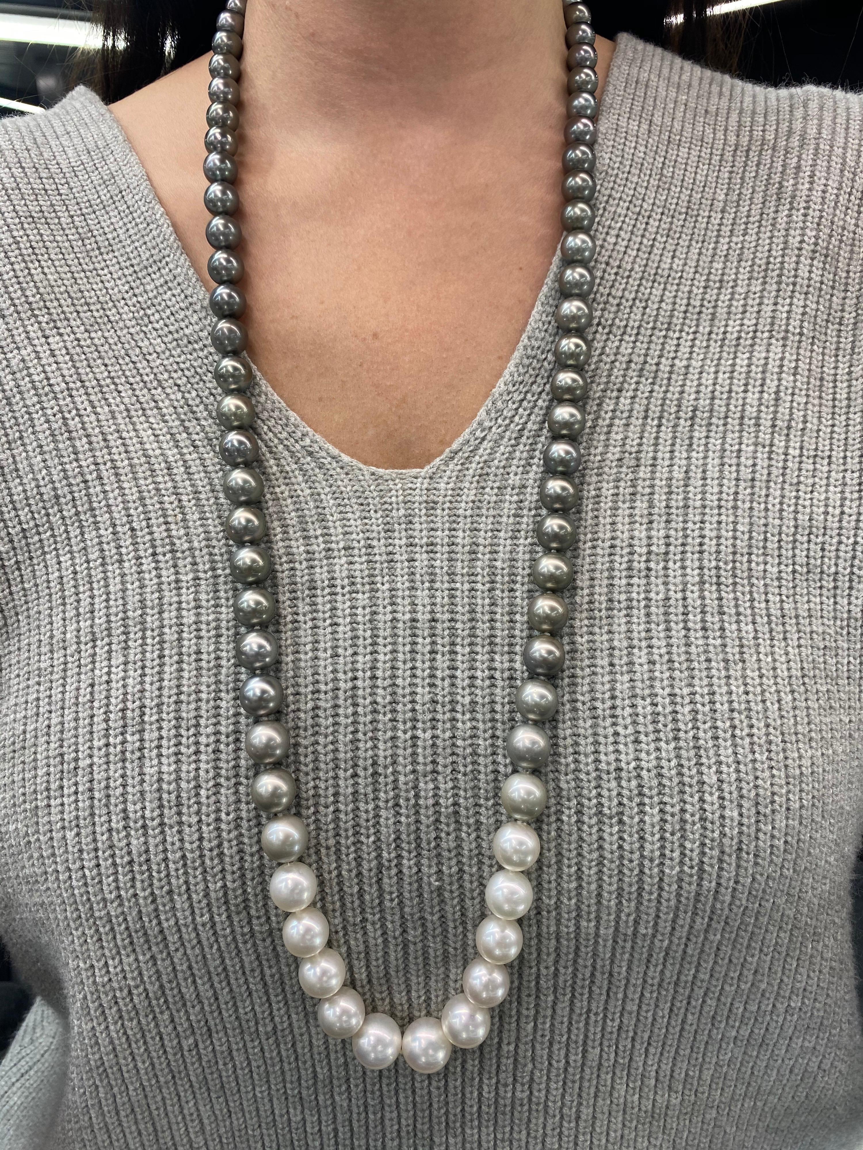 A lovely gorgeous opera ombre necklace featuring 73 South Sea & Tahitian pearls measuring 10.1-13.8 mm in a white gold diamond ball clasp.

Pearl quality: AAA
Pearl Luster: AAA Excellent
Nacre : Very Thick

Strand can be made to order, shortened or