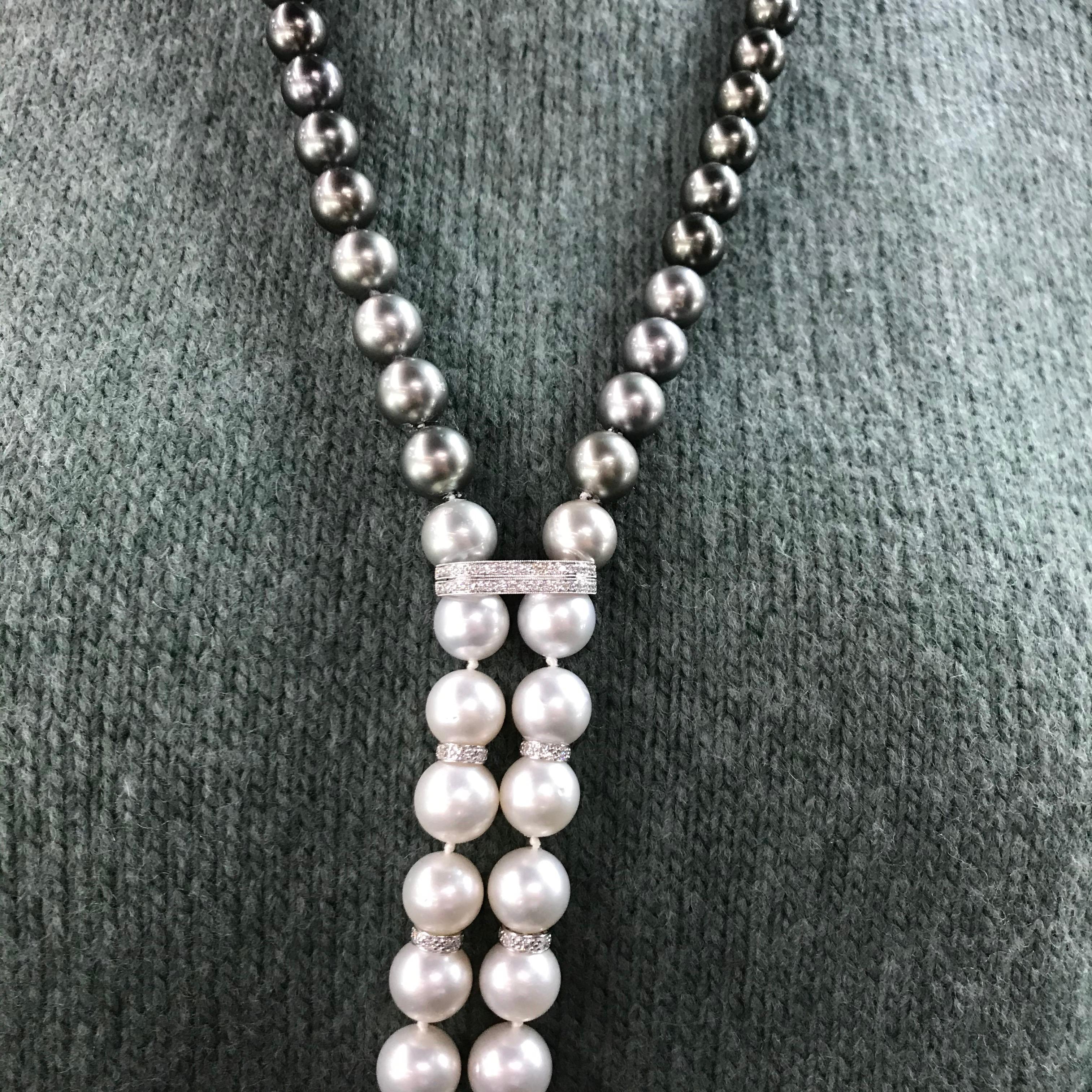 Opera Ombre South Sea White and Tahitian Pearls Diamonds 3.70 Carat  4