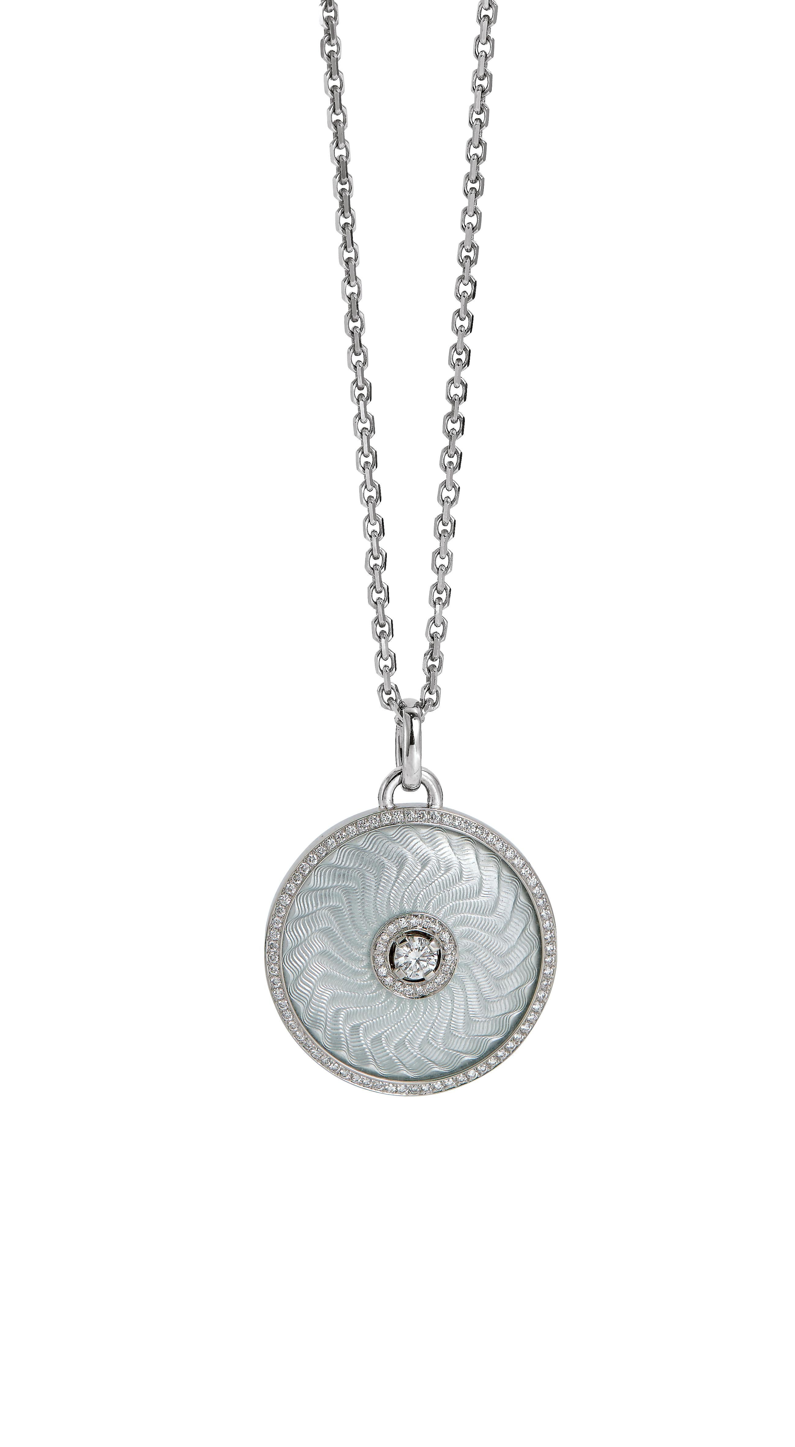 Contemporaneo Ciondolo rotondo Opera Oro Bianco 18k Argento Smalto Fondente 92 Diamanti 0,37 ct GVS in vendita