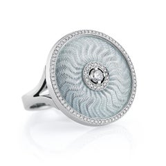 Ring Round Silver Enamel 18k White Gold/Sterling 92 diamonds 0.37 ct Ø 22.3mm
