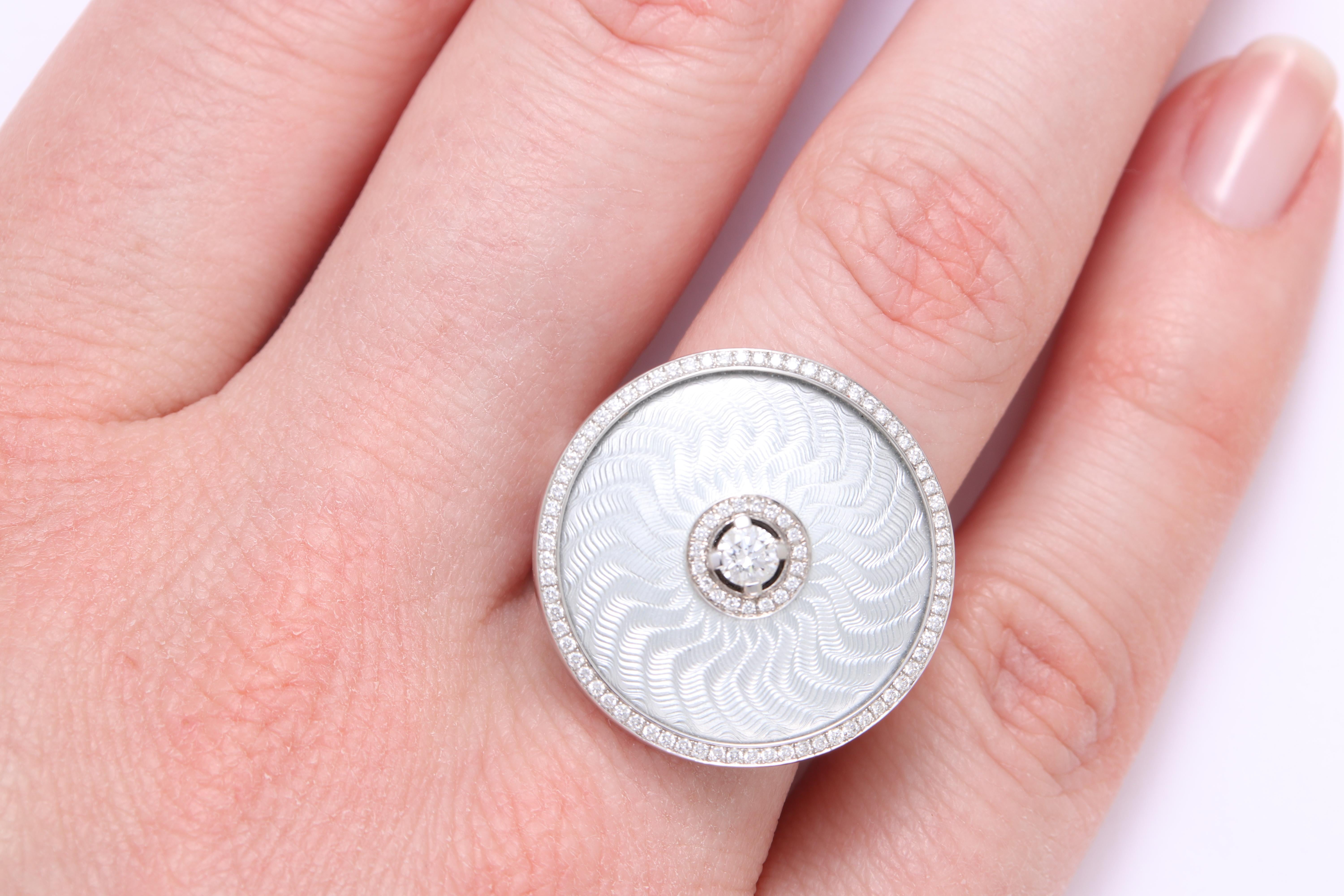 Ring Rund Silber Emaille 18k Weißgold/Sterling 92 Diamanten 0,37 ct Ø 22,3 mm im Zustand „Neu“ im Angebot in Pforzheim, DE