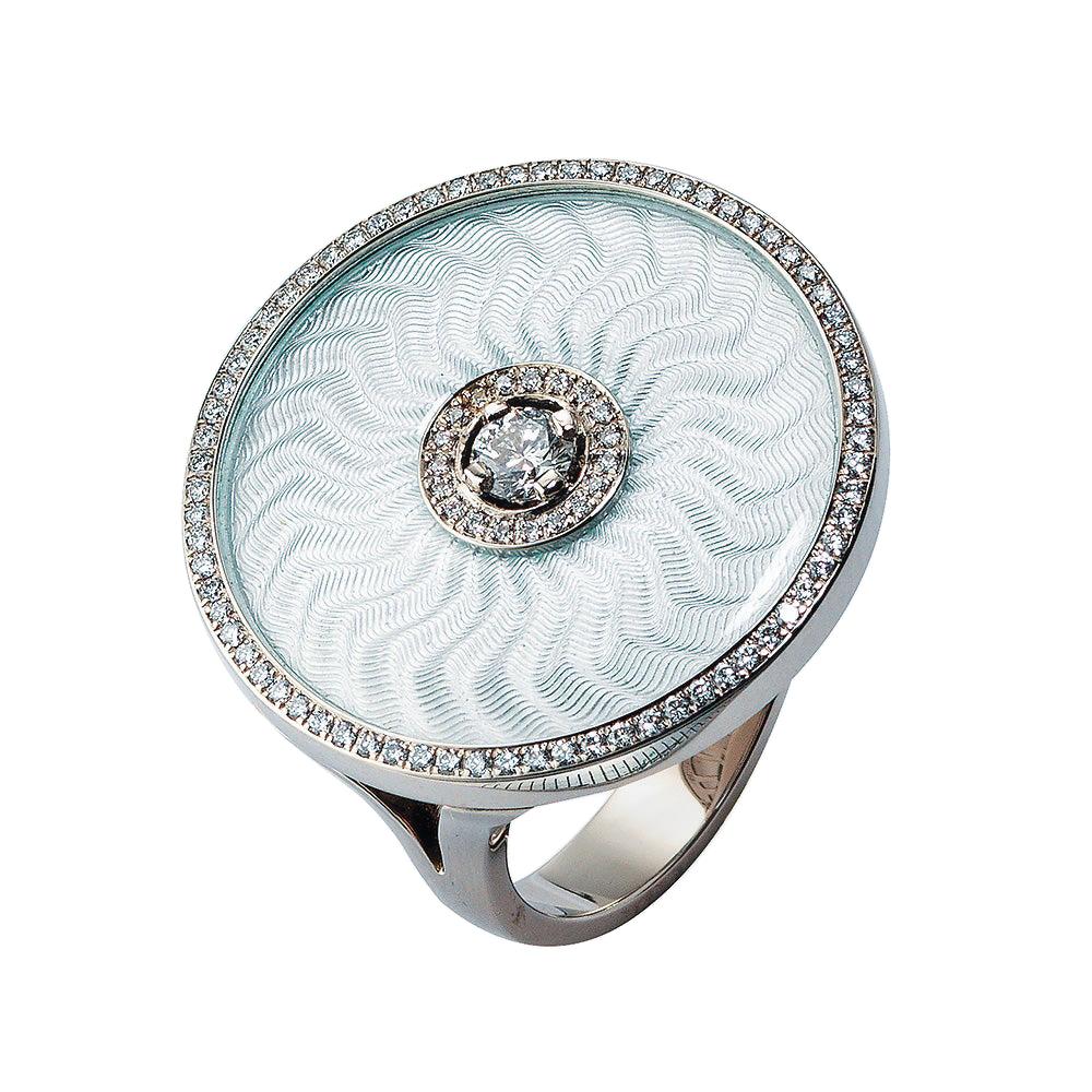 Bague ronde en argent émaillé et or blanc 18 carats/or sterling 92 diamants 0,37 ct Ø 22,3 mm