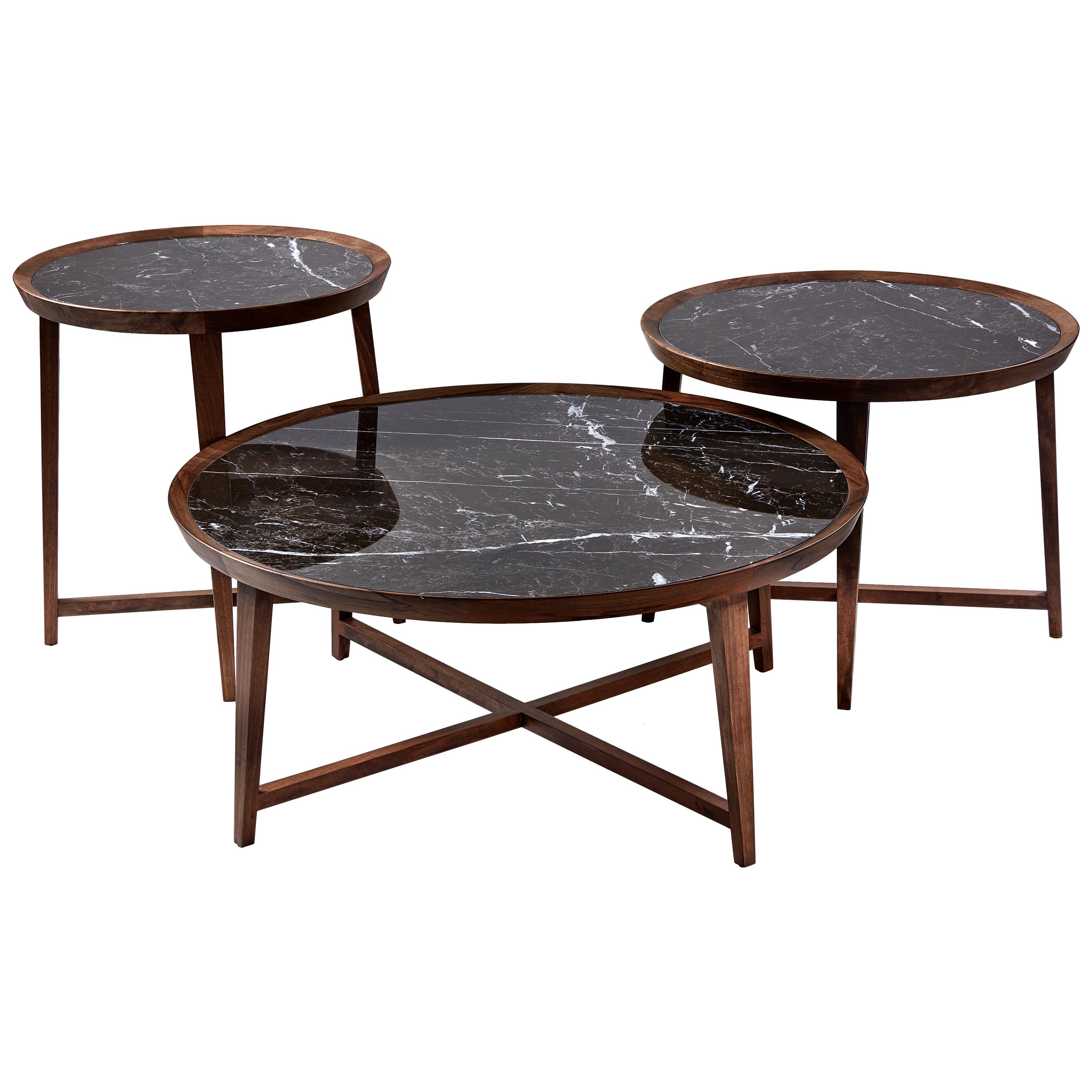 Opera Table, Marble Top with Walnut Legs Coffee and Side Tables For Sale
