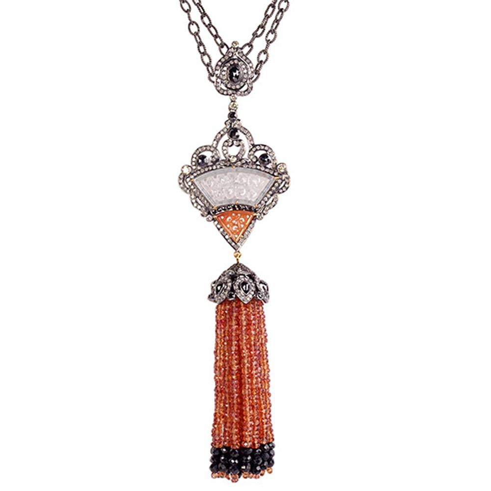 Round Cut Opera Tassel Multistone Chain Necklace with Diamonds Made in 18k Gold and Silver For Sale