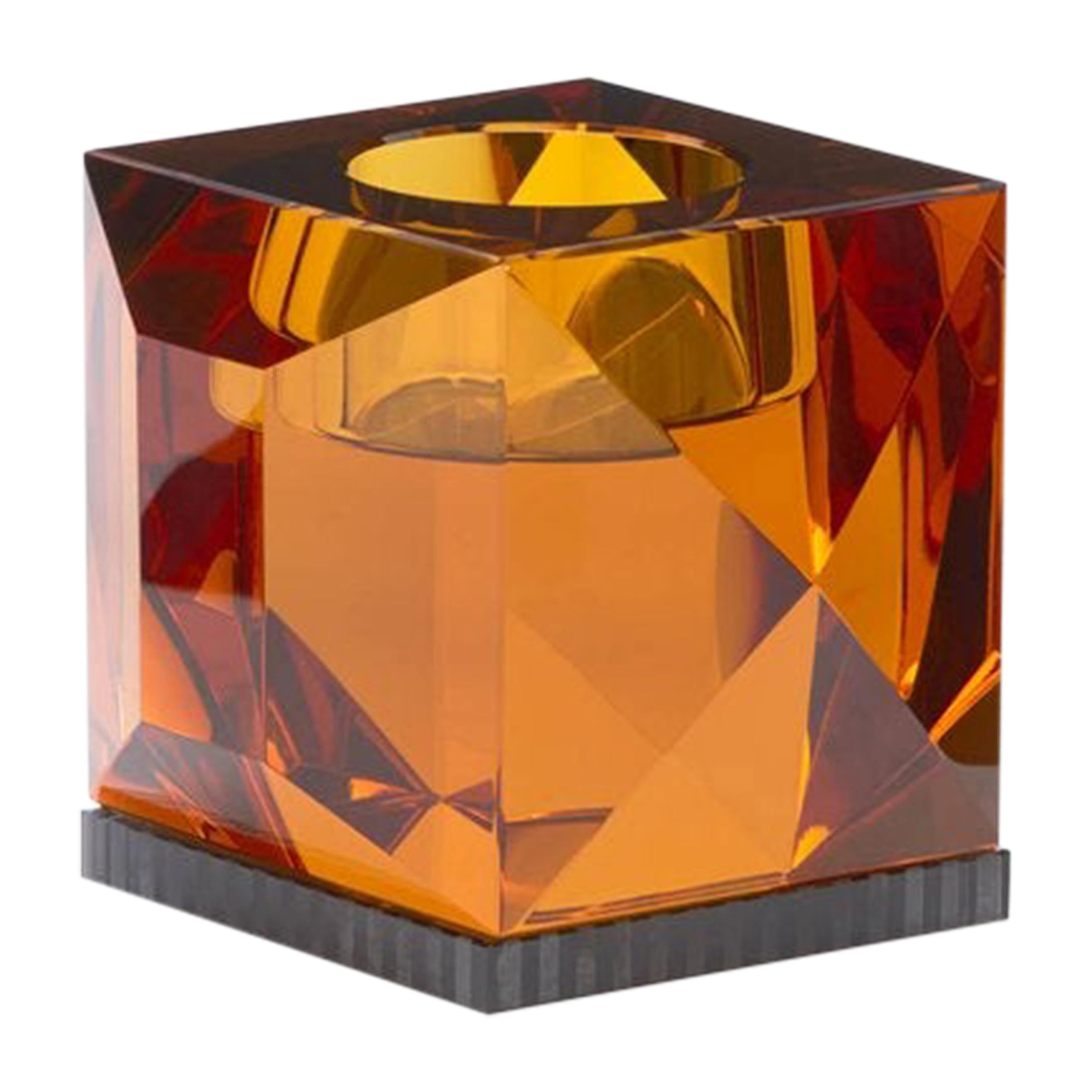Ophelia Amber Crystal T-Light Holder, Hand-Sculpted Contemporary Crystal For Sale