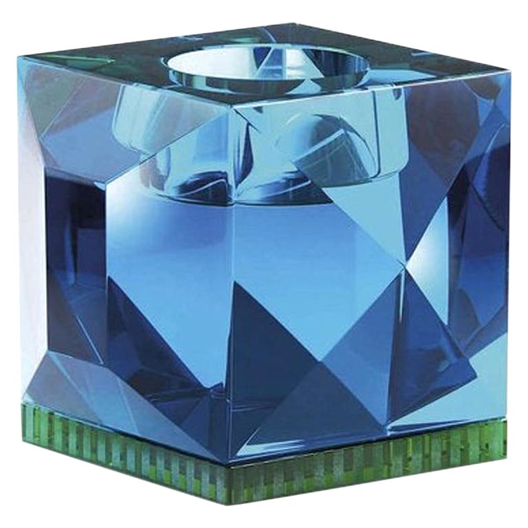 Ophelia Azure Crystal T-Light Holder, Hand-Sculpted Contemporary Crystal For Sale