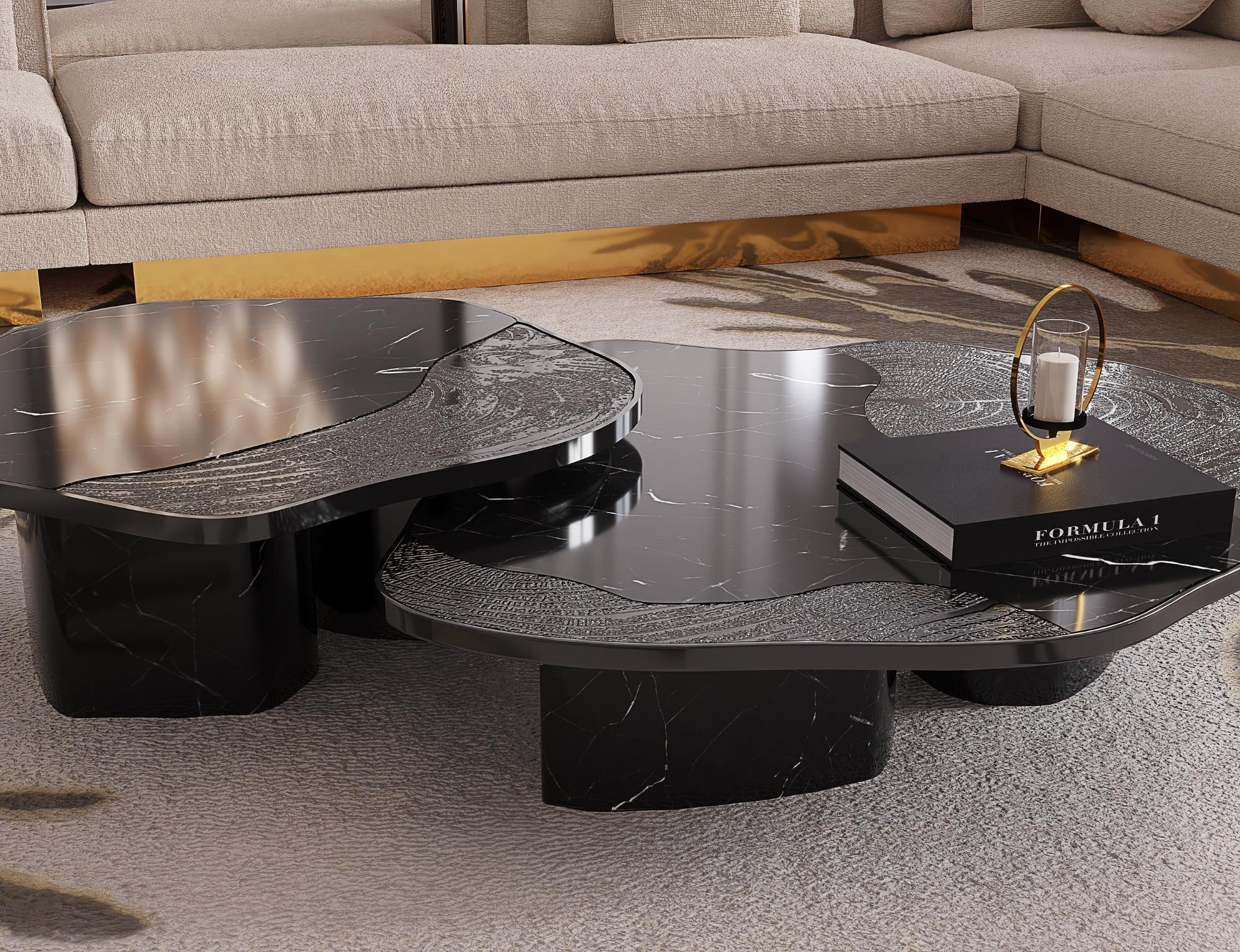 XXI secolo e contemporaneo Tavolo da centro Ophelia - Marmo Nero Marquina e Nickel lavorati a mano - Boca Do Lobo in vendita