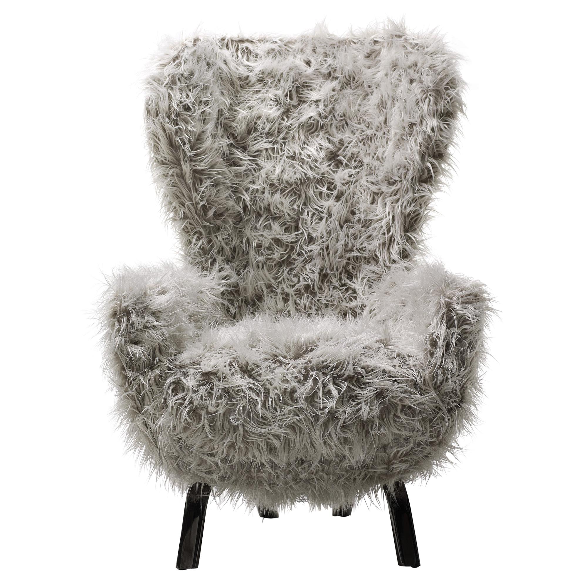 Opinion Ciatti Guelfo Fur Wingback Armchair in White Mélange Synthetic Fur