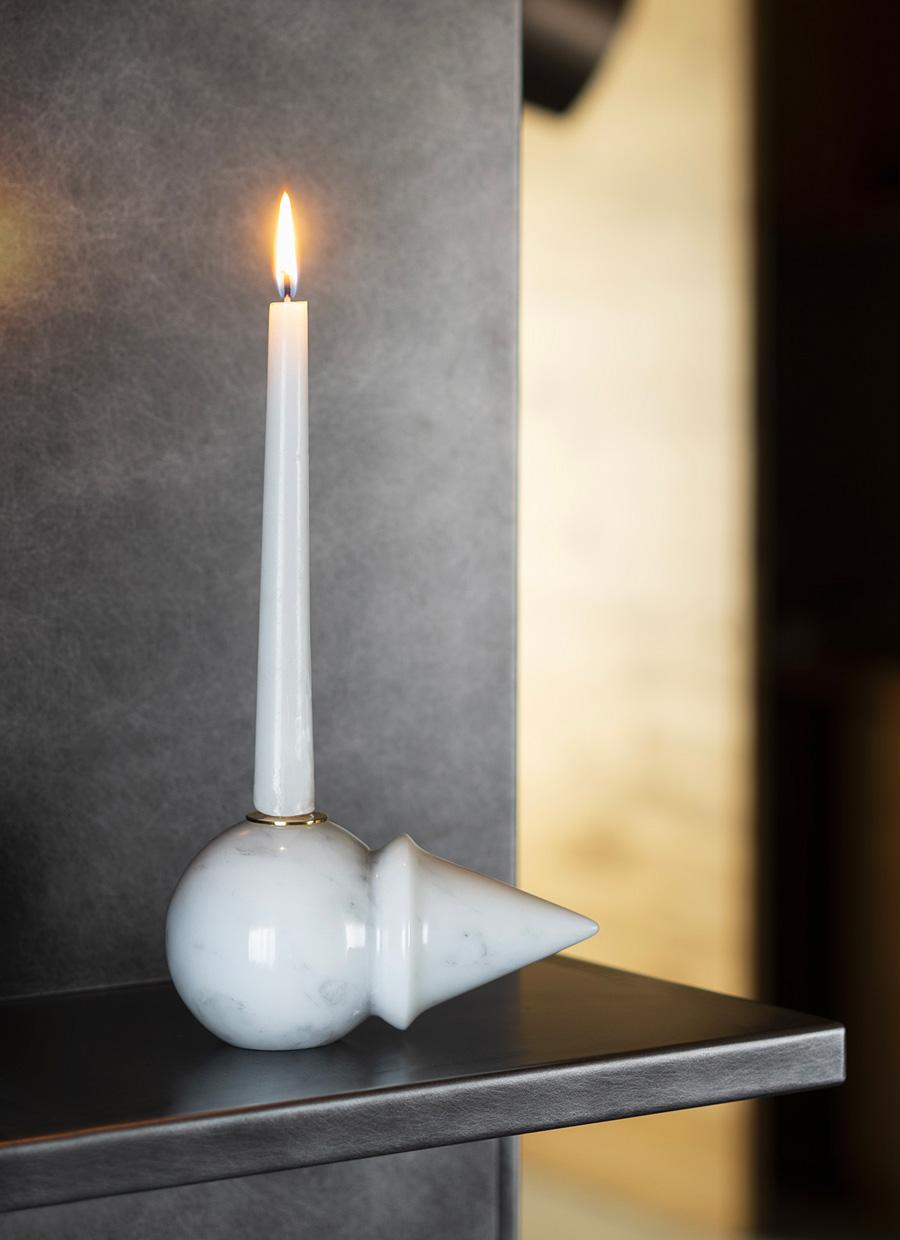 Plated Opinion Ciatti Pinocchio Candle Holder in White Carrara Marble For Sale