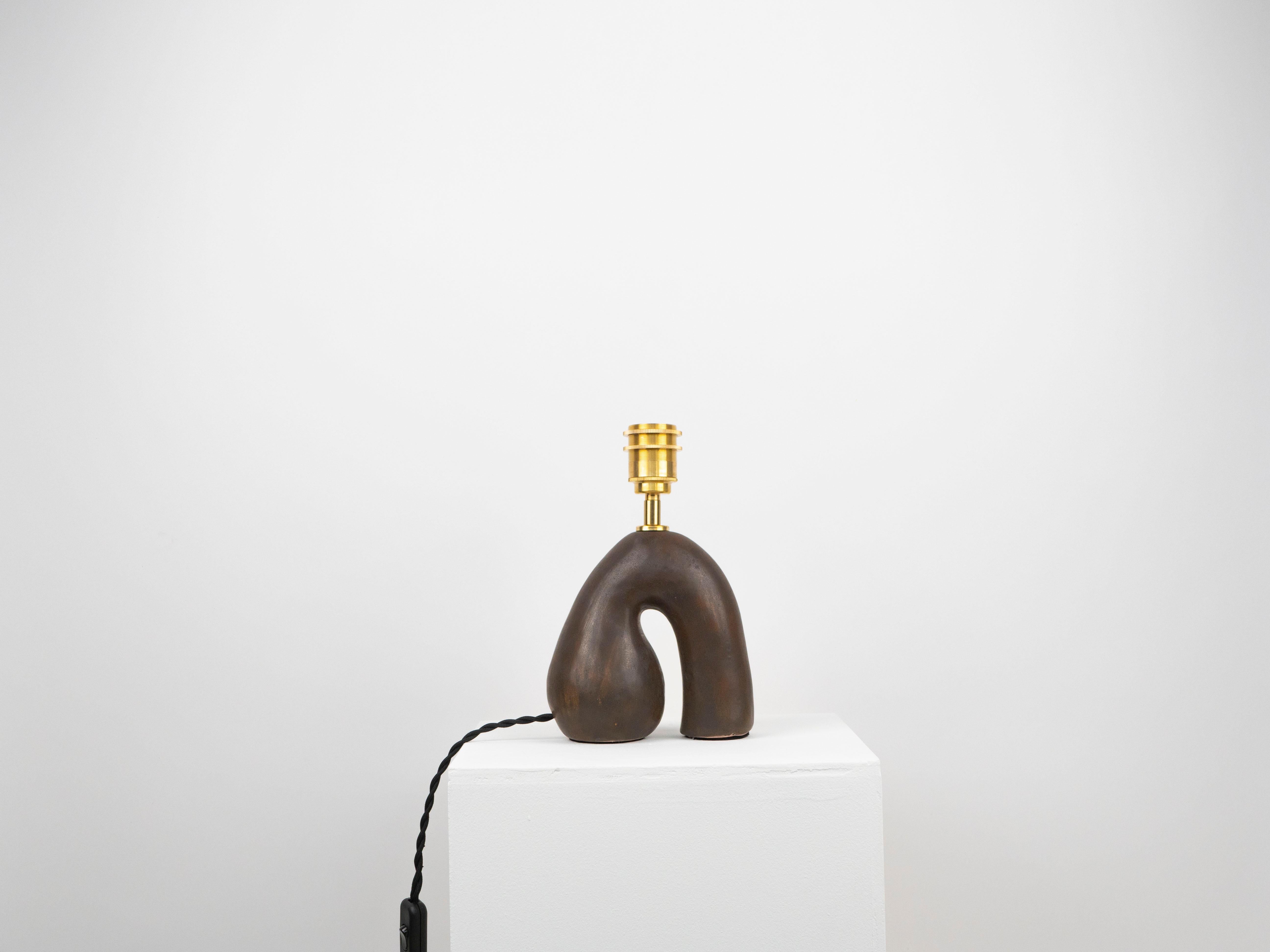 Glazed 'Opposée' Table Lamp - Satin Brown with Cream Wool Shade For Sale