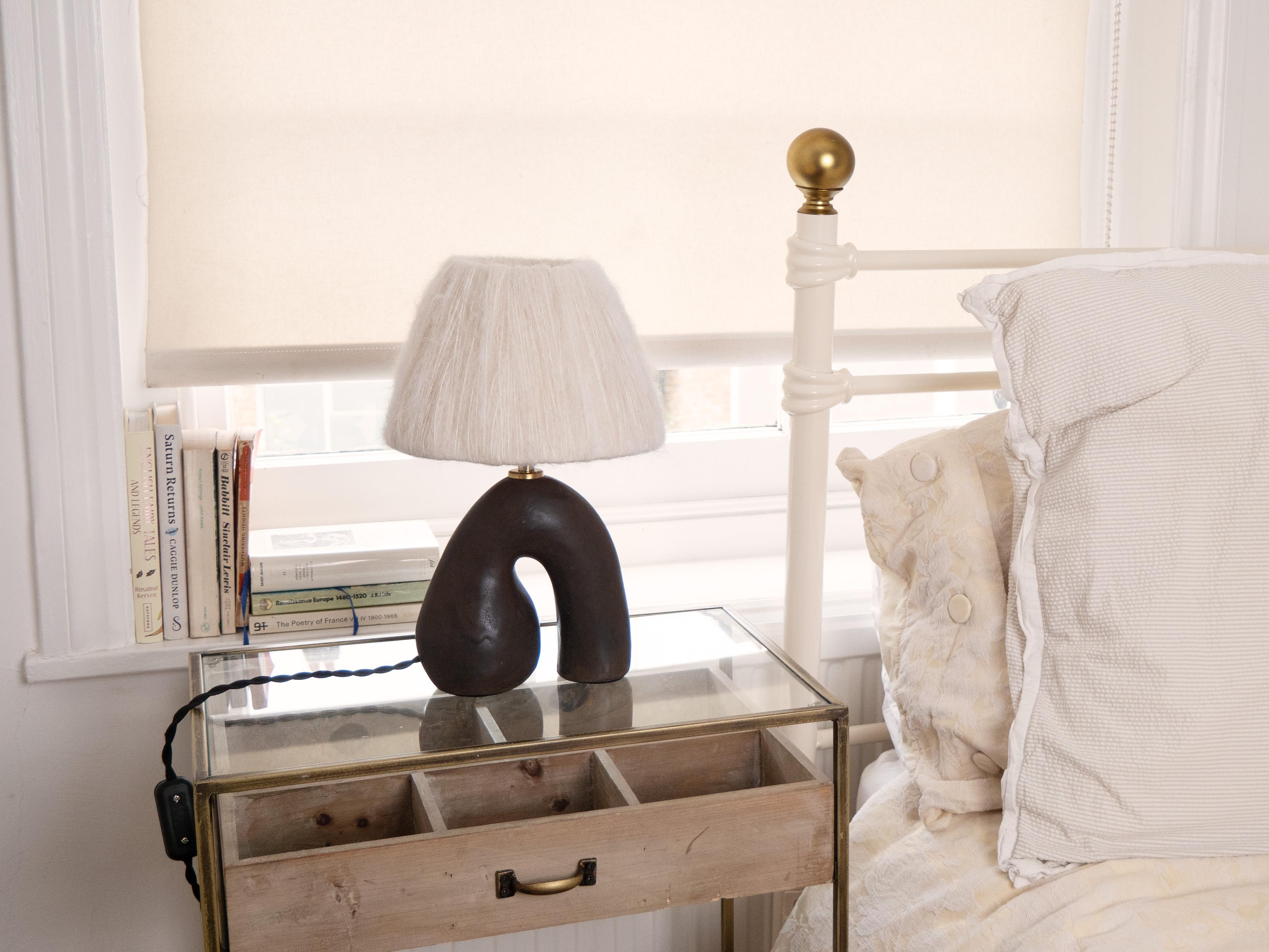 Contemporary 'Opposée' Table Lamp - Satin Brown with Cream Wool Shade For Sale