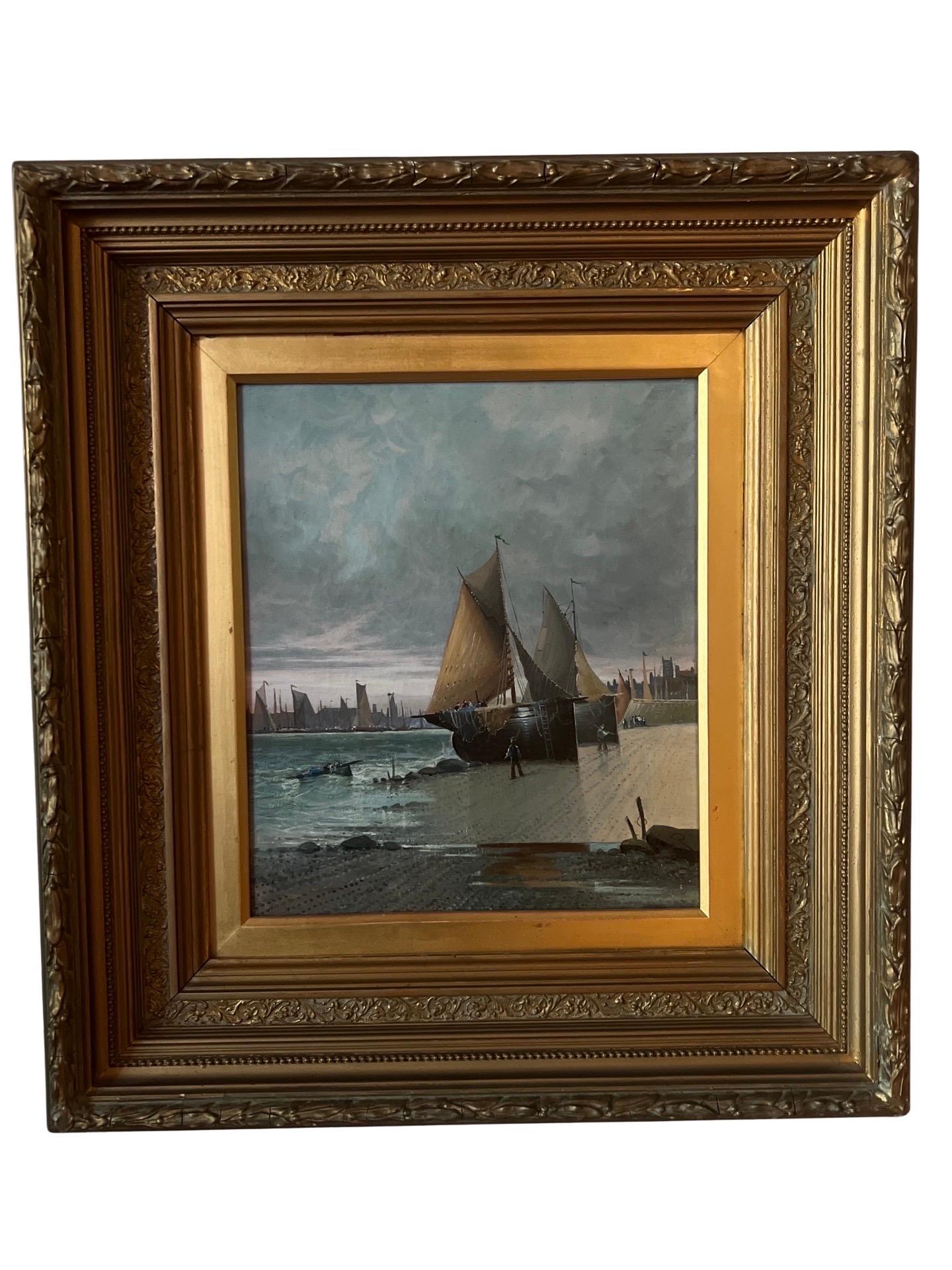 Dutch School, Early 20th century. 

A pair of nautical paintings on canvas depicting sailboats nestled on the beach during low tide. There is dozens of boats docked in the harbor behind. Done in opposing formats likely by a student of a talented