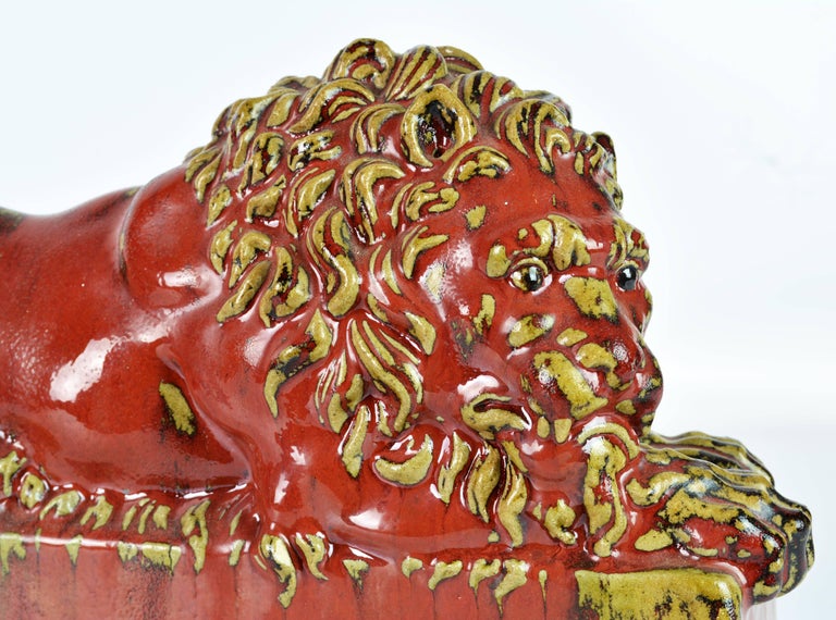 Opposing Pair of 20th Century Oxblood and Celadon Glazed Ceramic Resting Lions 6