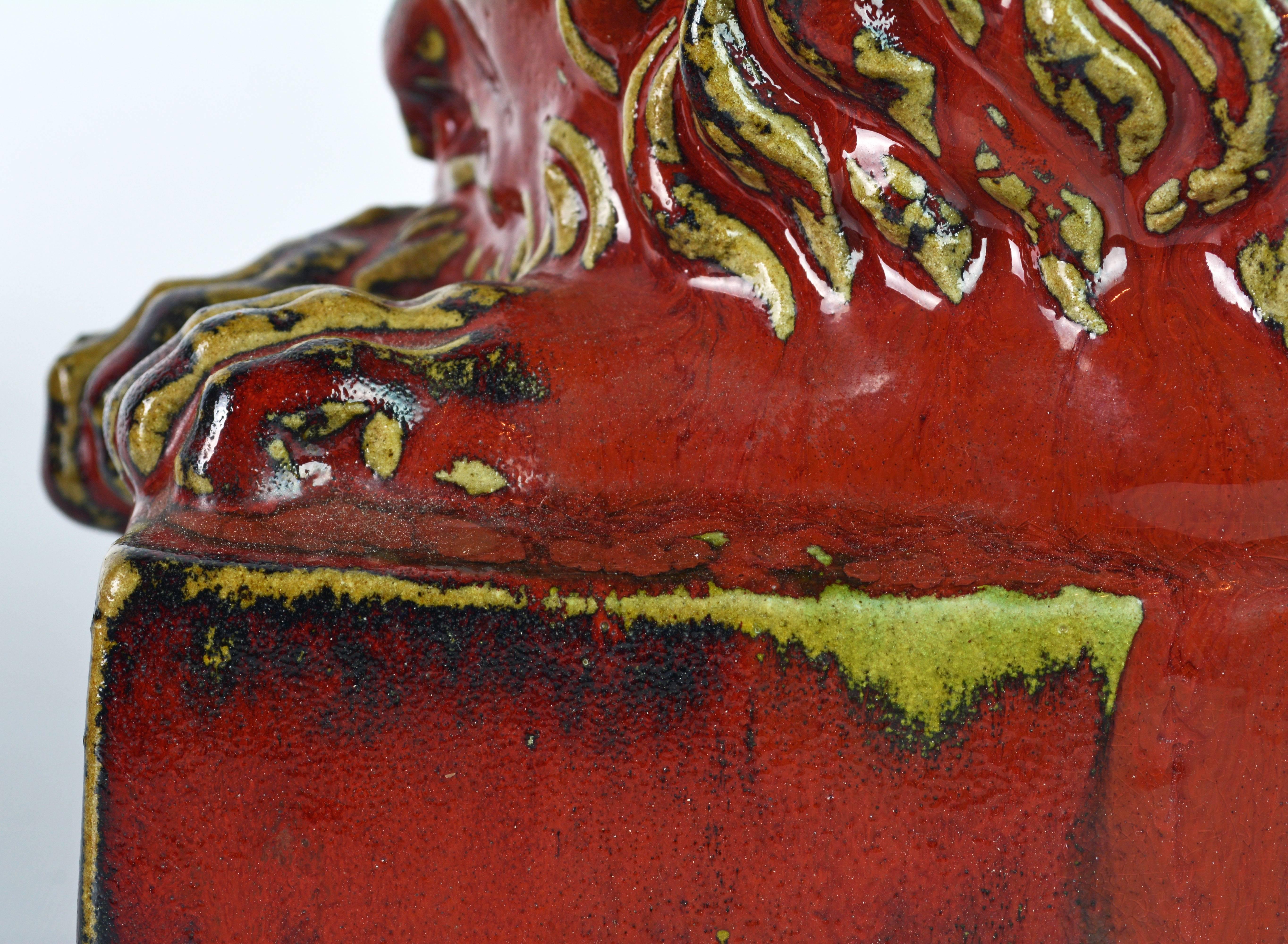 Opposing Pair of 20th Century Oxblood and Celadon Glazed Ceramic Resting Lions 11