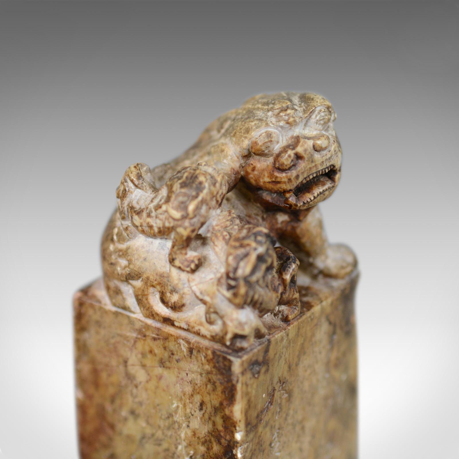 Chinese Export Opposing Pair of Chinese Soapstone Seals, Dogs of Foo, Bookends, 20th Century