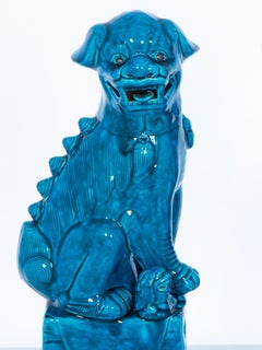 Opposing Pair of Eighteen Inch Vintage Turquoise Ceramic Foo Dogs