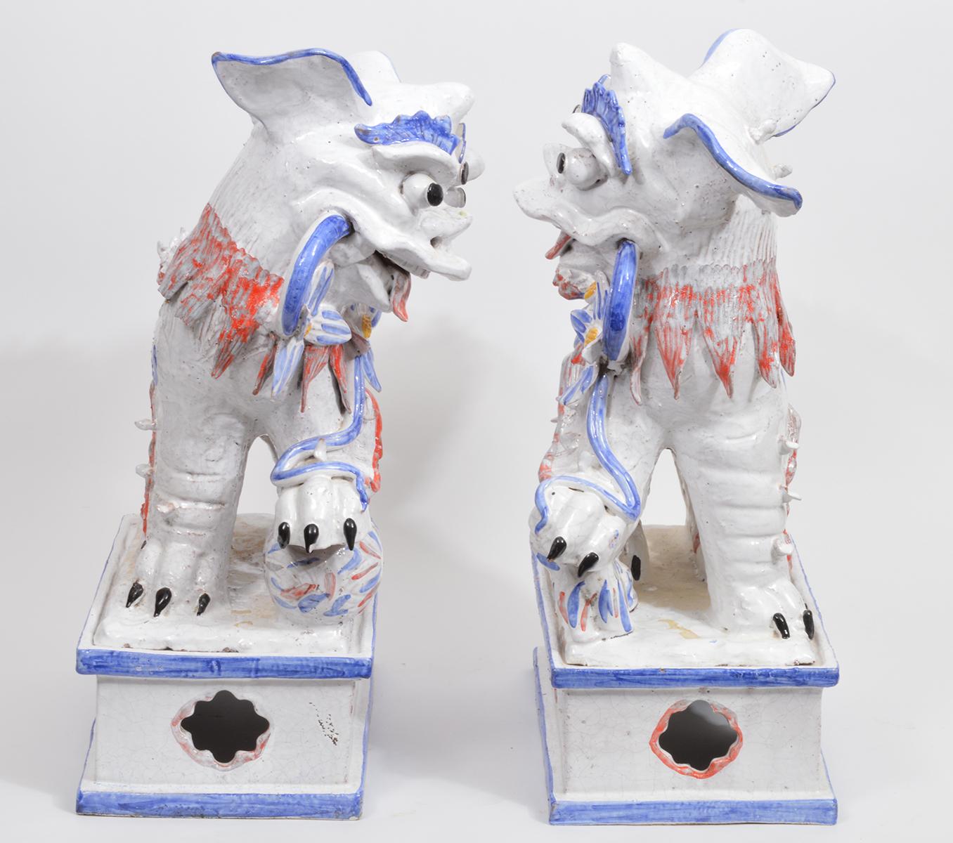 Opposing Pair of Italian Ceramic Glazed Foo Dogs on Bases Manner Ugo Zaccagnini 2